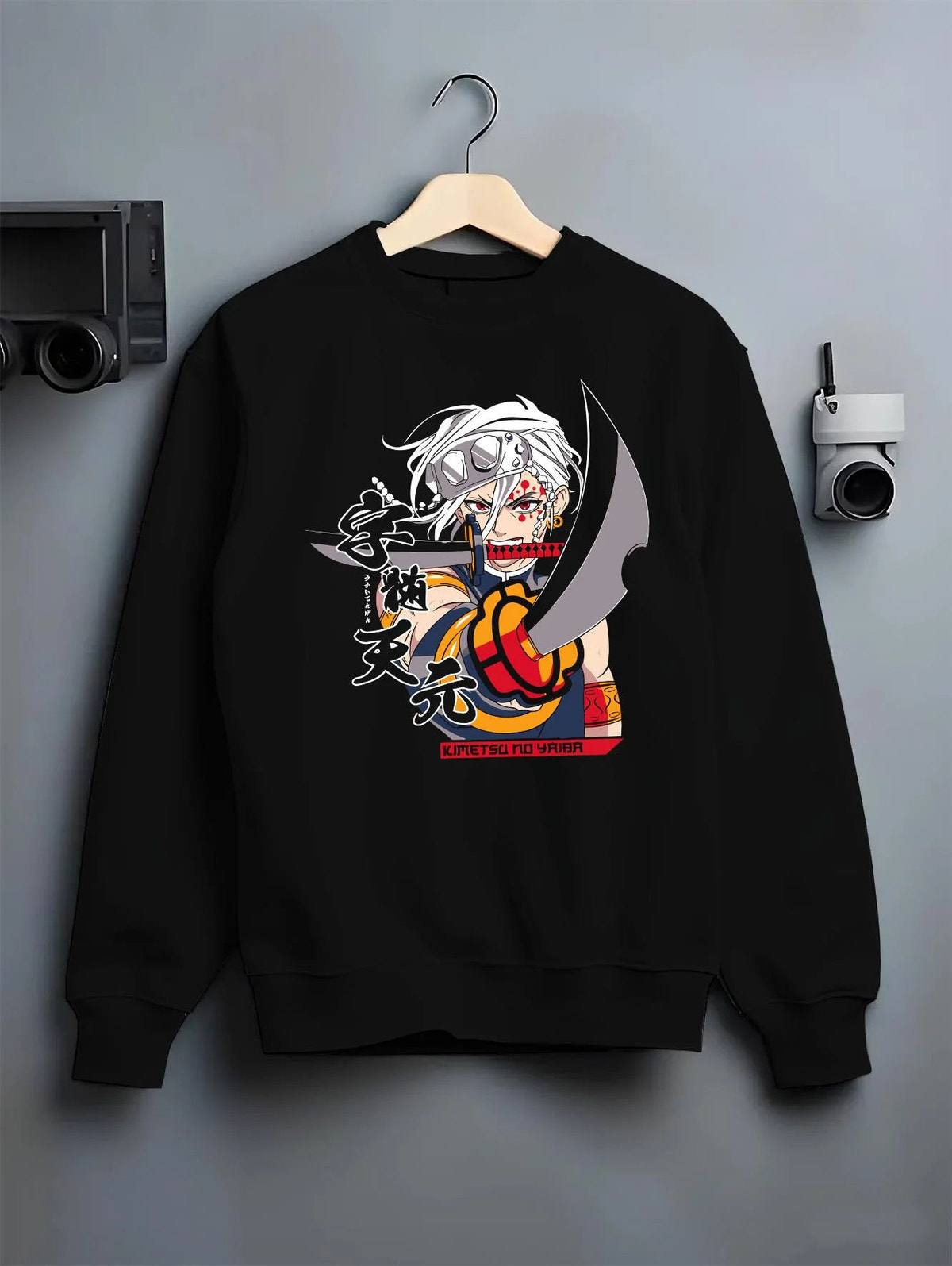 Black crewneck sweatshirt on hanger featuring Tengen Uzui Sound Breathing Demon Slayer artwork.