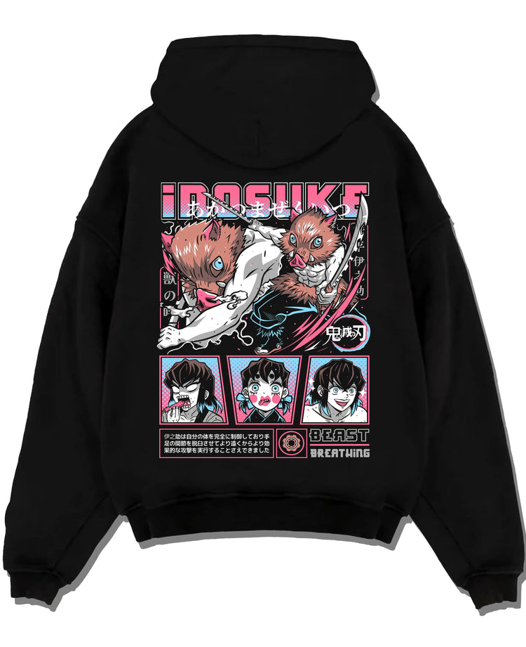 Black pullover hoodie laid flat with Inosuke Hoodie Demon Slayer Beast Breathing Fighter graphic premium wear.