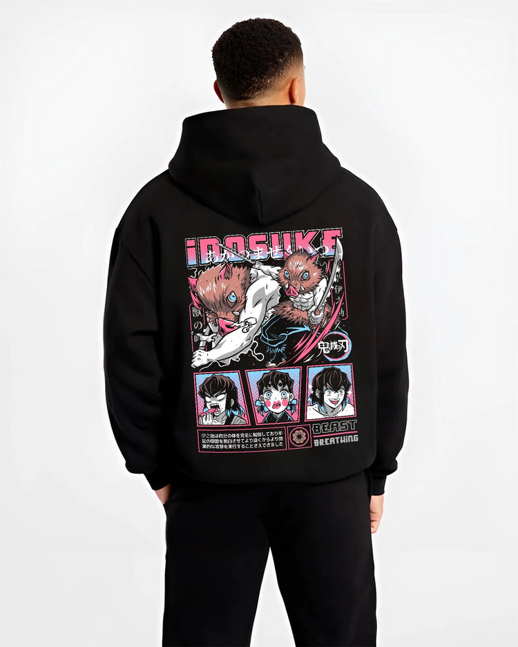 Black hoodie worn by male model, back view with Inosuke Hoodie Demon Slayer Beast Breathing Fighter graphic streetwear graphic.