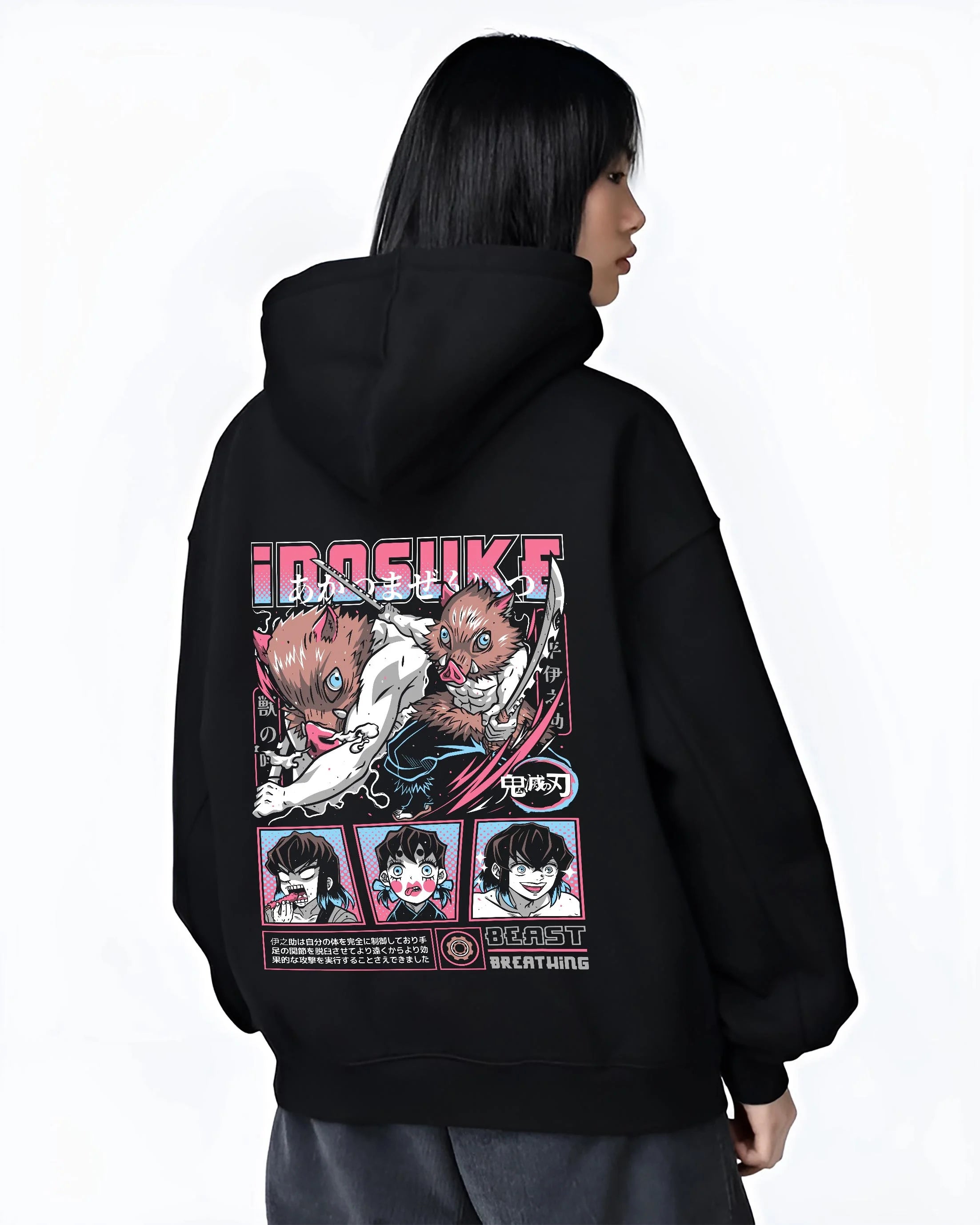 Black hoodie worn by female model, back view with Inosuke Hoodie Demon Slayer Beast Breathing Fighter graphic bold anime graphic.