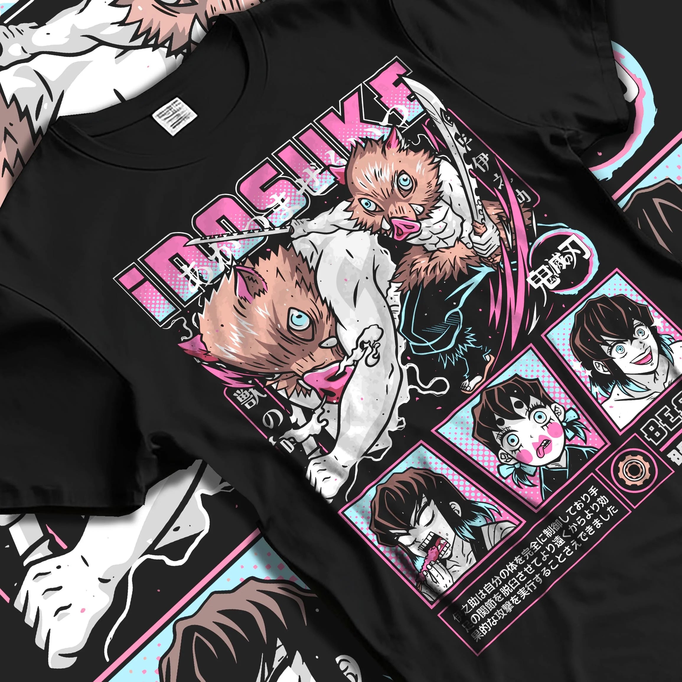 Black T-shirt laid flat with natural folds with Inosuke Hoodie Demon Slayer Beast Breathing Fighter graphic bold anime graphic.
