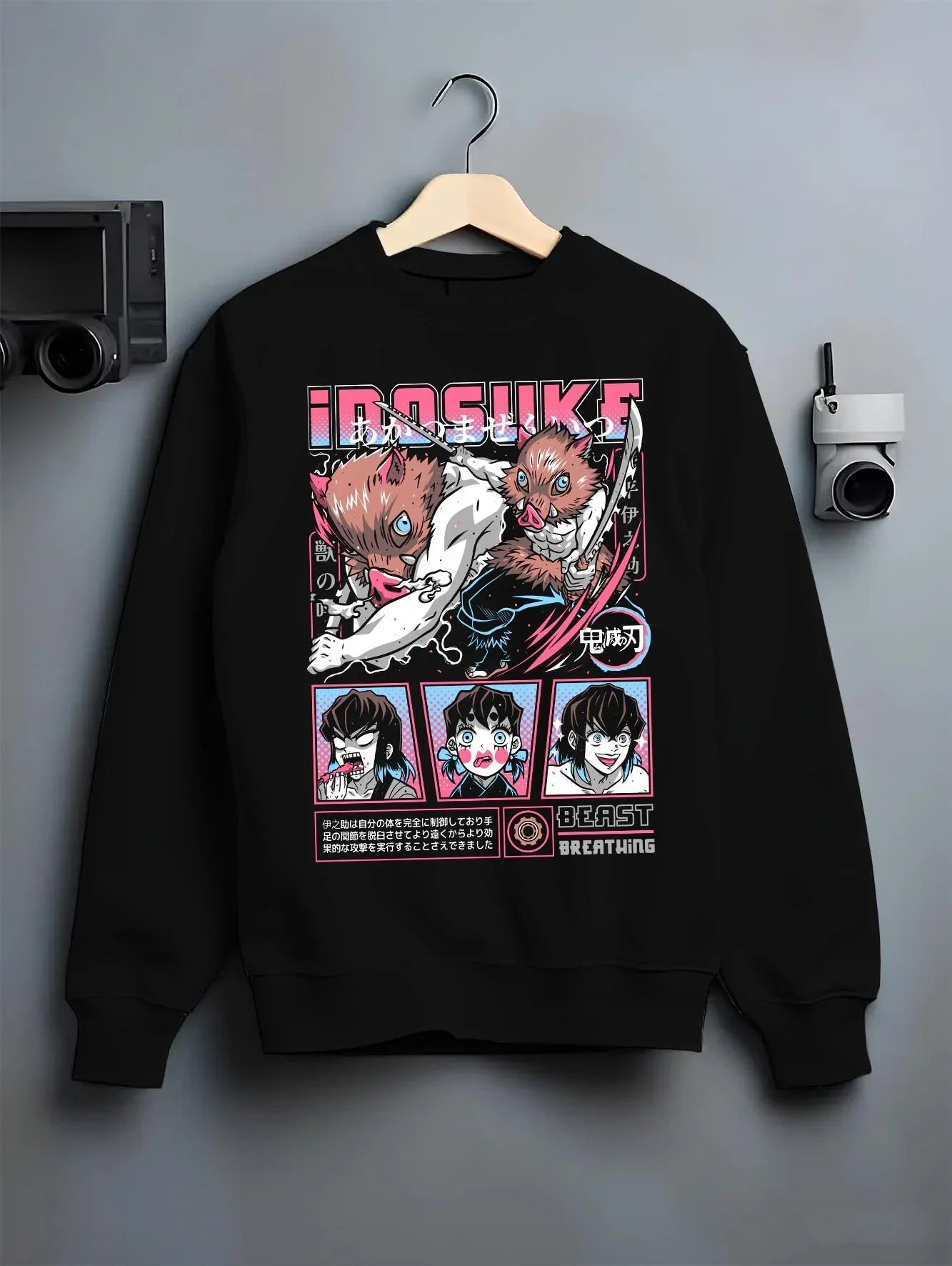Black crewneck sweatshirt on hanger with Inosuke Hoodie Demon Slayer Beast Breathing Fighter graphic streetwear graphic.
