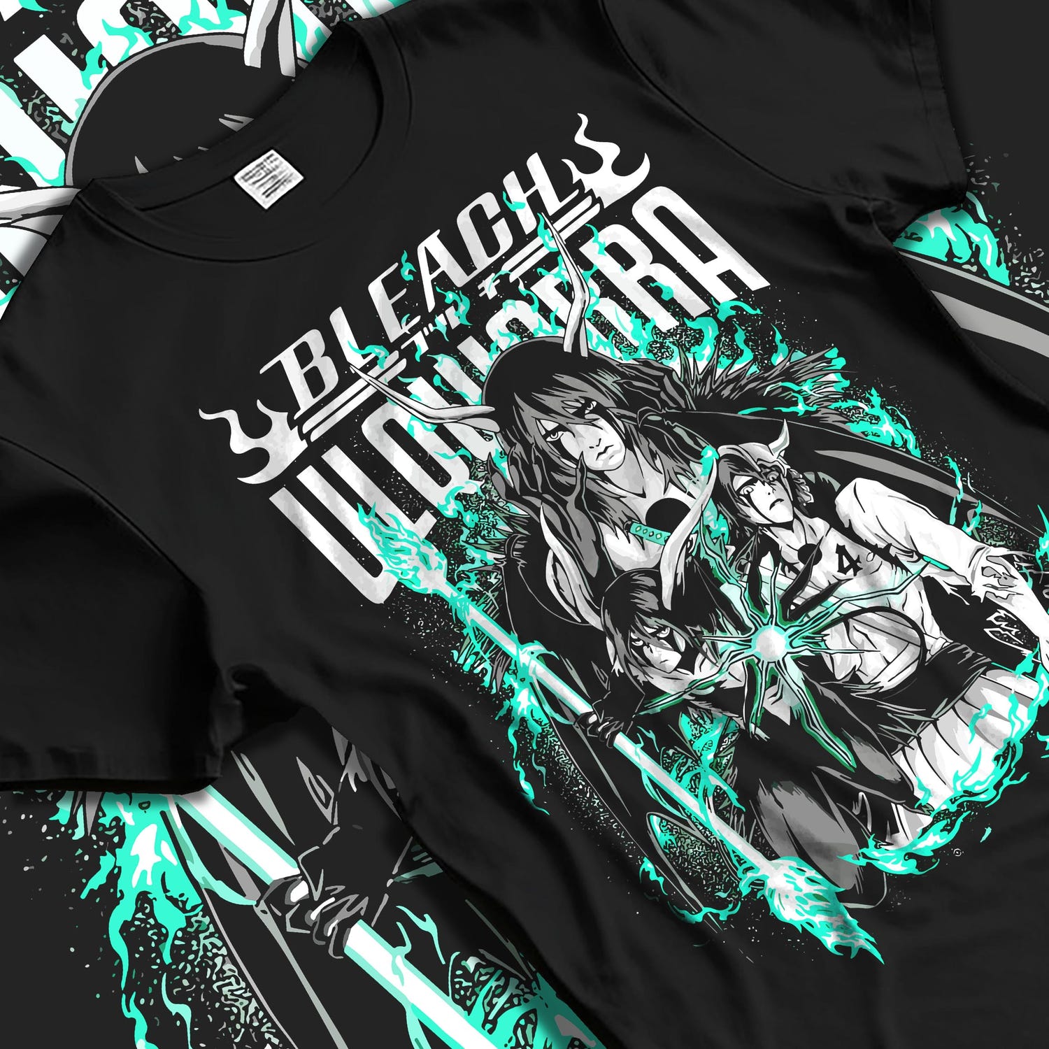 Black T-shirt laid flat with natural folds, featuring Bleach Ulquiorra retro manga graphic with glowing green anime aesthetic for Japanese streetwear fans.