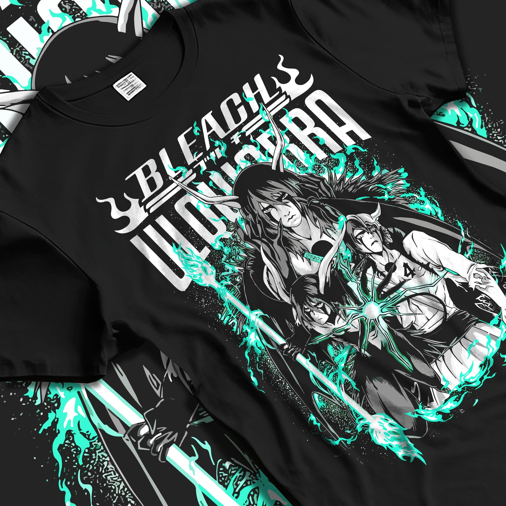 Black T-shirt laid flat with natural folds, featuring Bleach Ulquiorra retro manga graphic with glowing green anime aesthetic for Japanese streetwear fans.