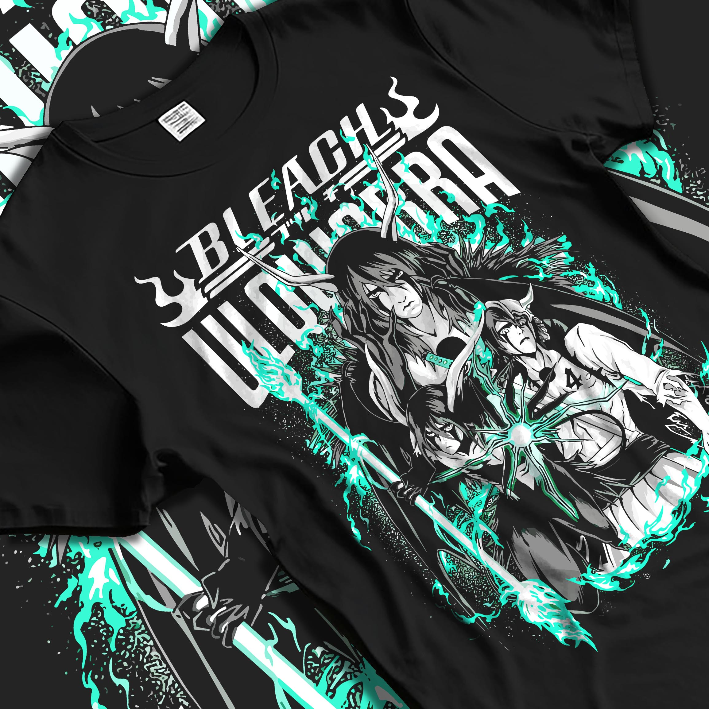 Black T-shirt laid flat with natural folds, featuring Bleach Ulquiorra retro manga graphic with glowing green anime aesthetic for Japanese streetwear fans.