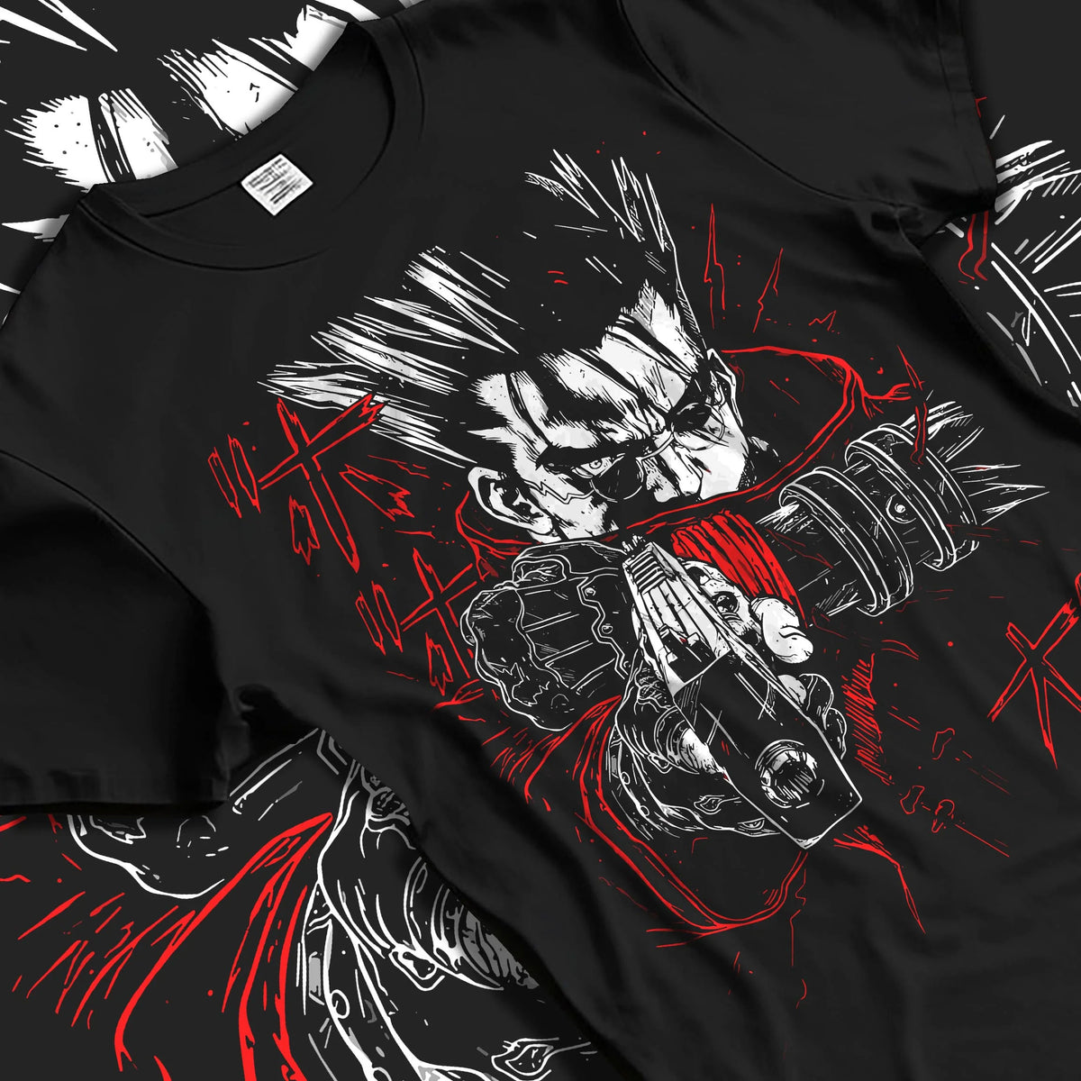 Black T-shirt laid flat with natural folds featuring Vash the Stampede Humanoid Typhoon Trigun artwork.
