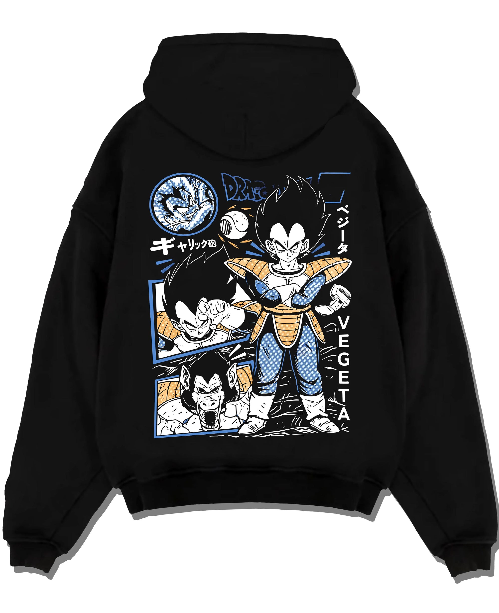 Black pullover hoodie laid flat with Vegeta Hoodie Dragon Ball Z Prince Saiyan Elite graphic Vegeta anime design.