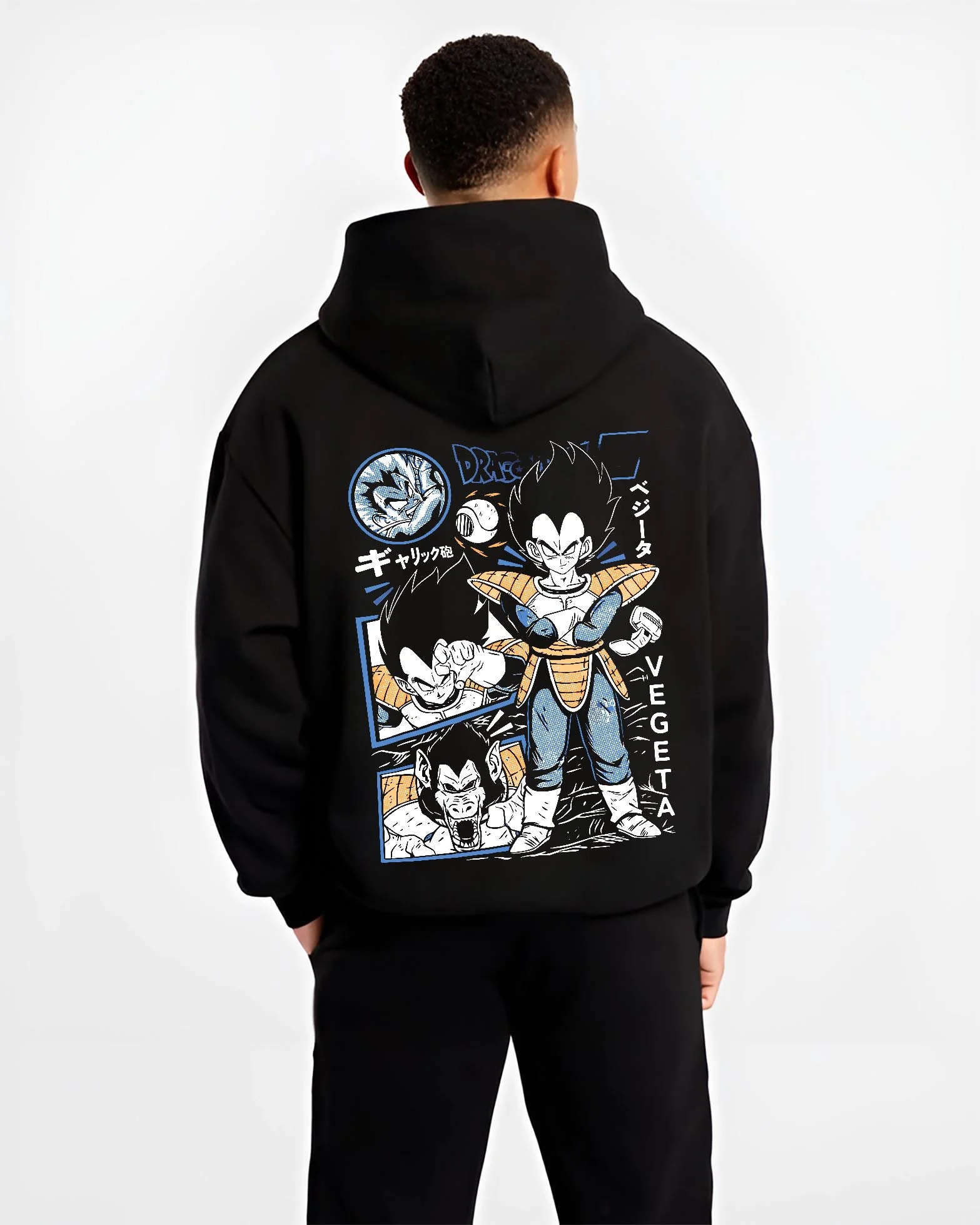 Black hoodie worn by male model, back view with Vegeta Hoodie Dragon Ball Z Prince Saiyan Elite graphic Vegeta anime design.