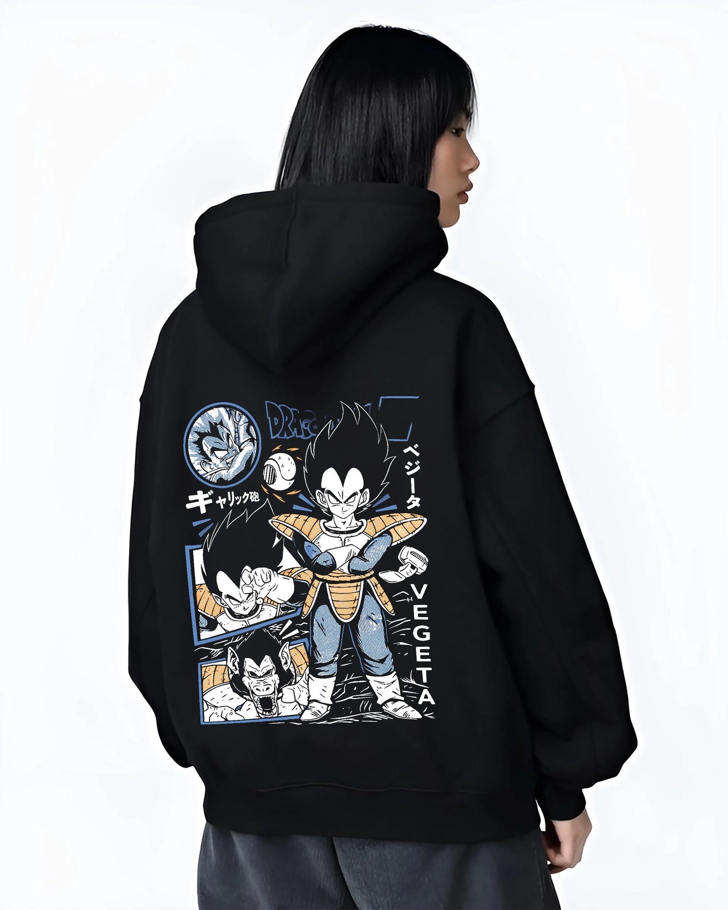 Black hoodie worn by female model, back view with Vegeta Hoodie Dragon Ball Z Prince Saiyan Elite graphic bold anime graphic.