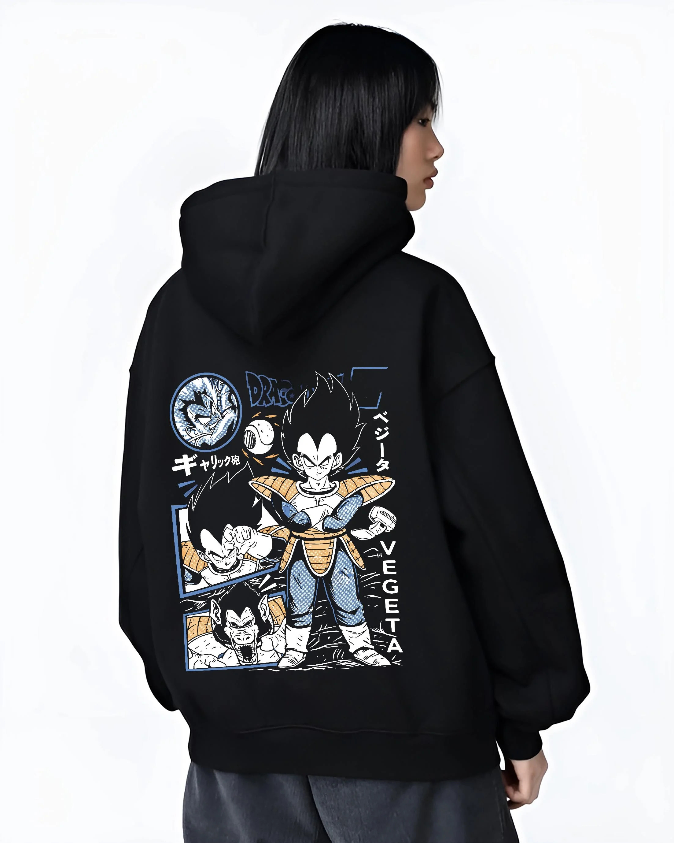 Black hoodie worn by female model, back view with Vegeta Hoodie Dragon Ball Z Prince Saiyan Elite graphic bold anime graphic.