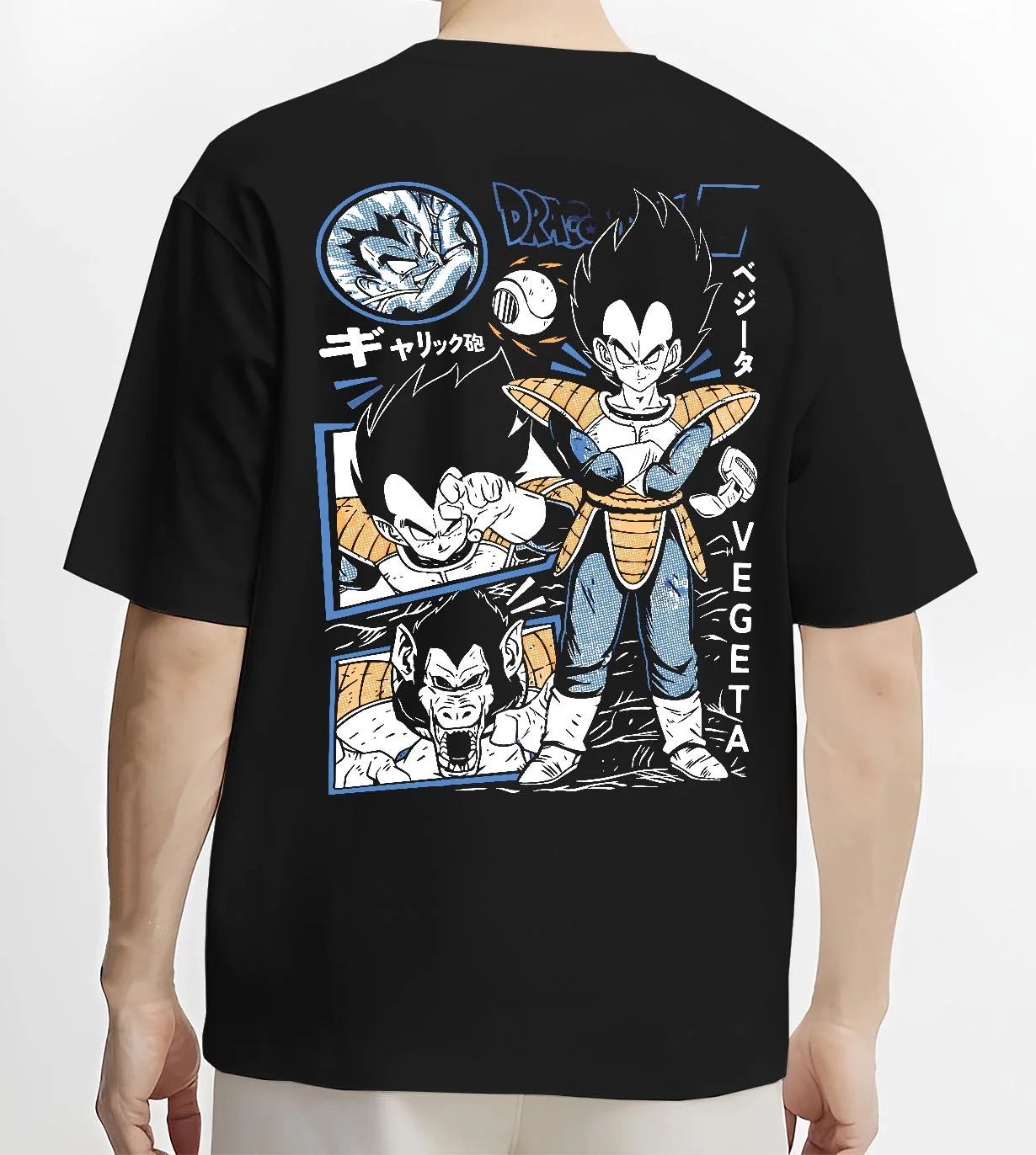 Black T-shirt worn by male model, back view with Vegeta Hoodie Dragon Ball Z Prince Saiyan Elite graphic premium wear.