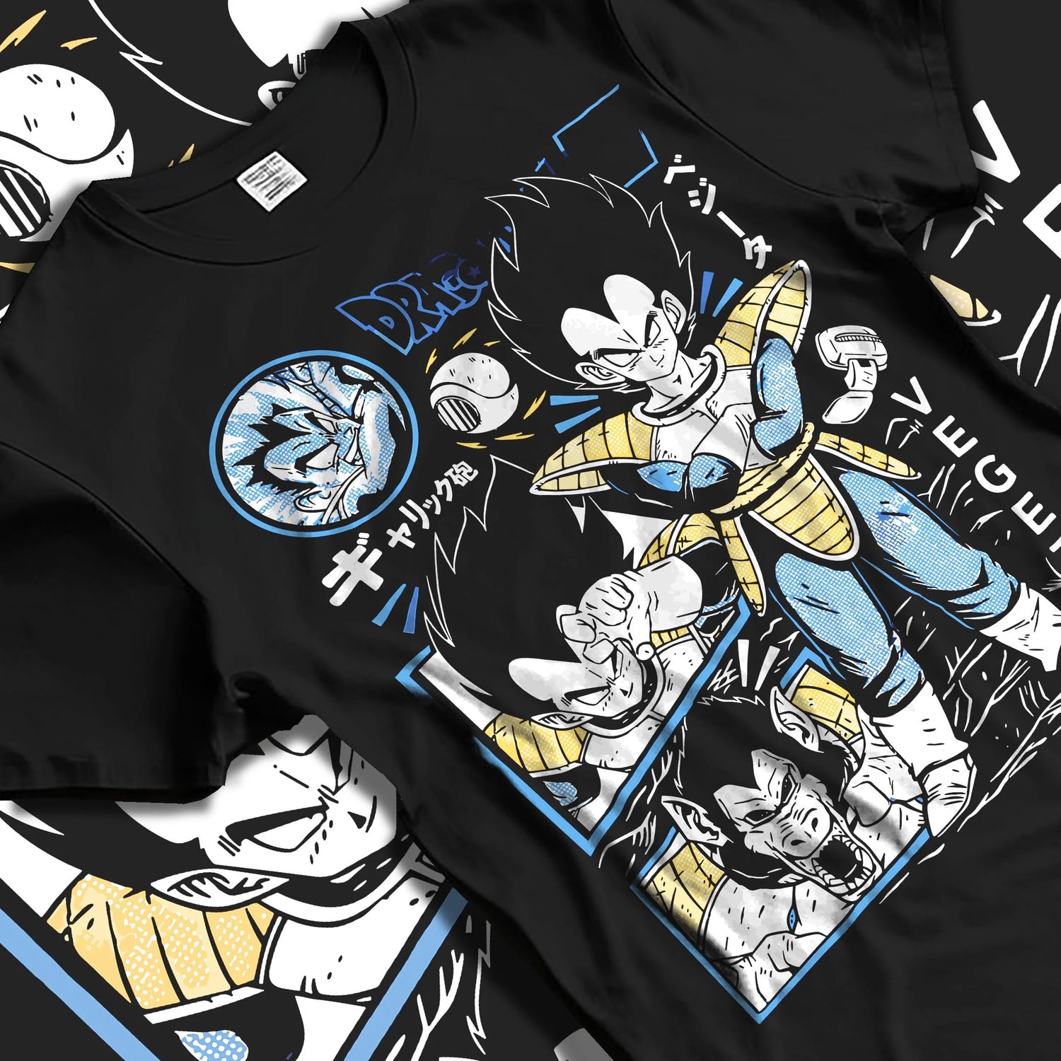 Black T-shirt laid flat with natural folds with Vegeta Hoodie Dragon Ball Z Prince Saiyan Elite graphic Vegeta anime design.