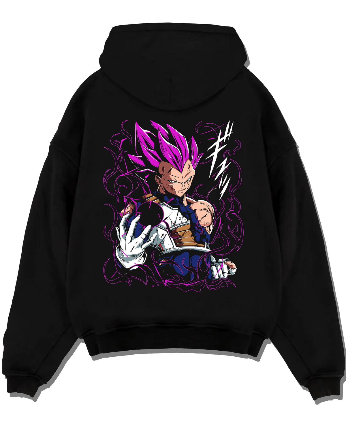 Black hoodie laid flat featuring Vegeta Ultra Ego purple aura battle Dragon Ball Super artwork.