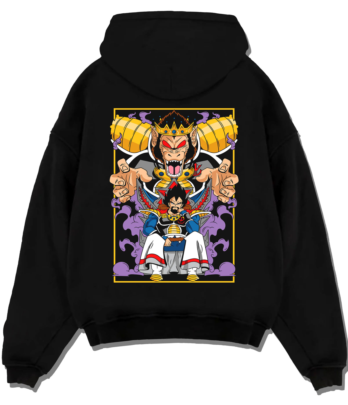 Black hoodie flat back view with Vegeta and Saiyan royalty / Great Ape motif from Dragon Ball illustrated back graphic