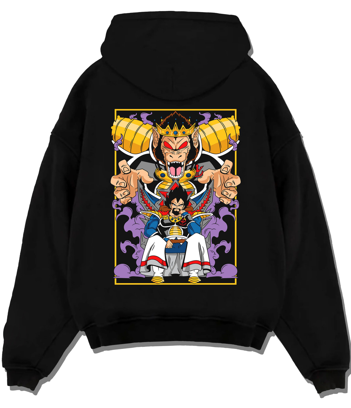 Black hoodie flat back view with Vegeta and Saiyan royalty / Great Ape motif from Dragon Ball illustrated back graphic
