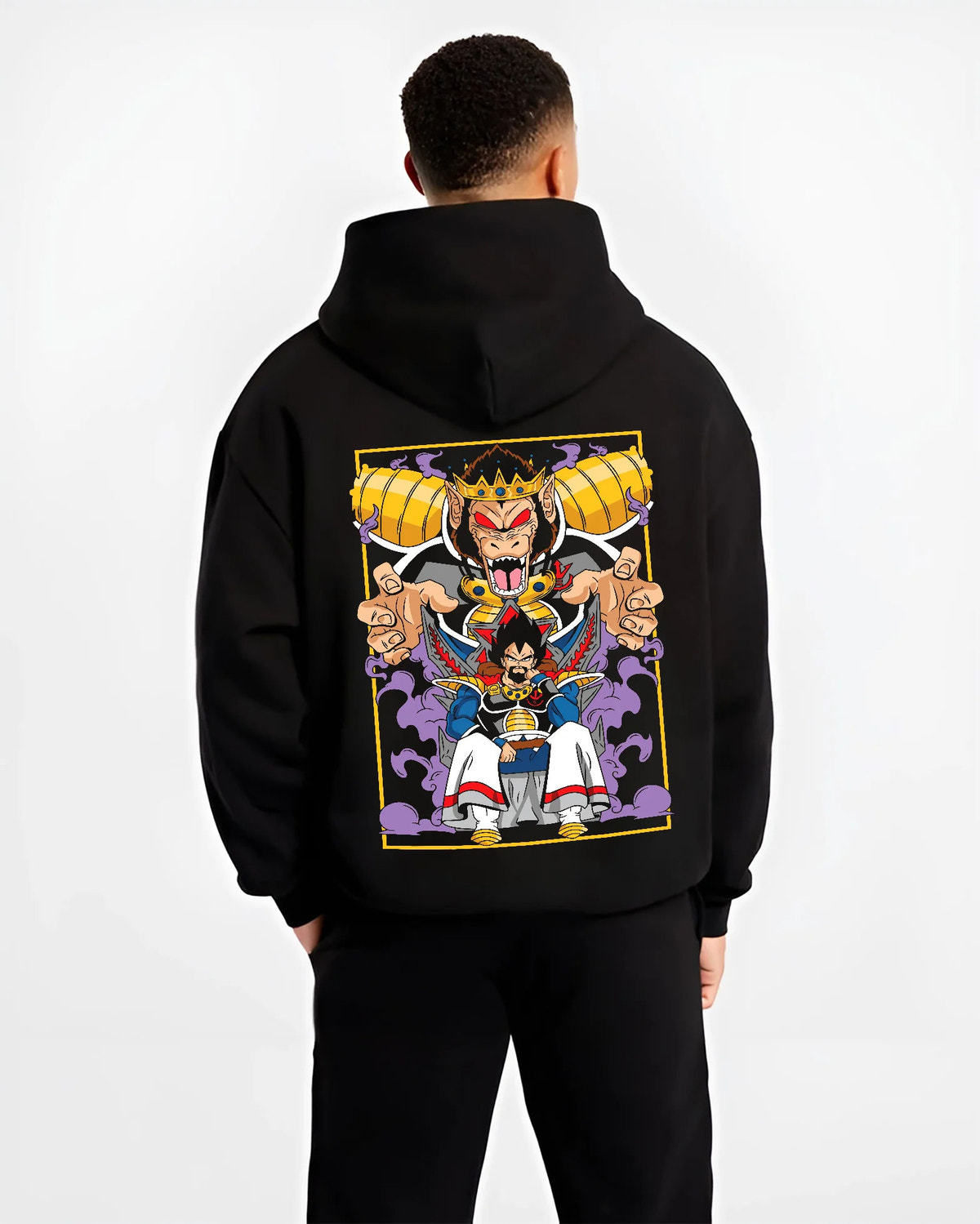 Black hoodie model back view with Vegeta and Saiyan royalty / Great Ape motif from Dragon Ball illustrated back graphic