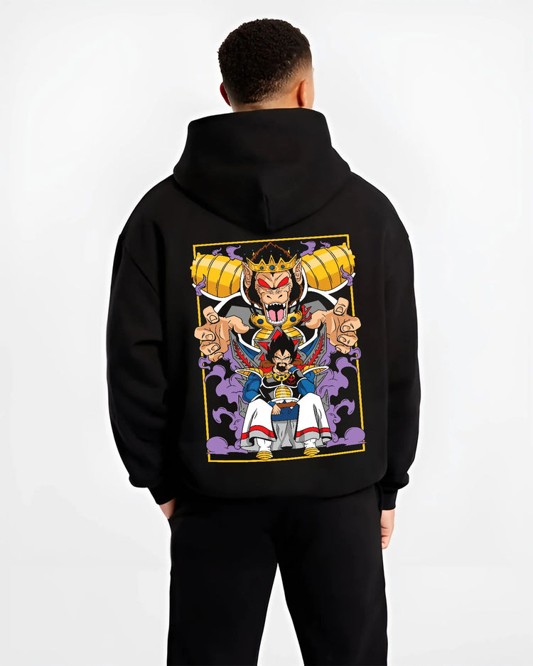 Black hoodie model back view with Vegeta and Saiyan royalty / Great Ape motif from Dragon Ball illustrated back graphic