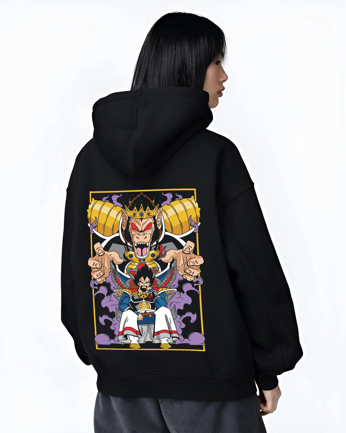 Black hoodie female model back view with Vegeta and Saiyan royalty / Great Ape motif from Dragon Ball illustrated back