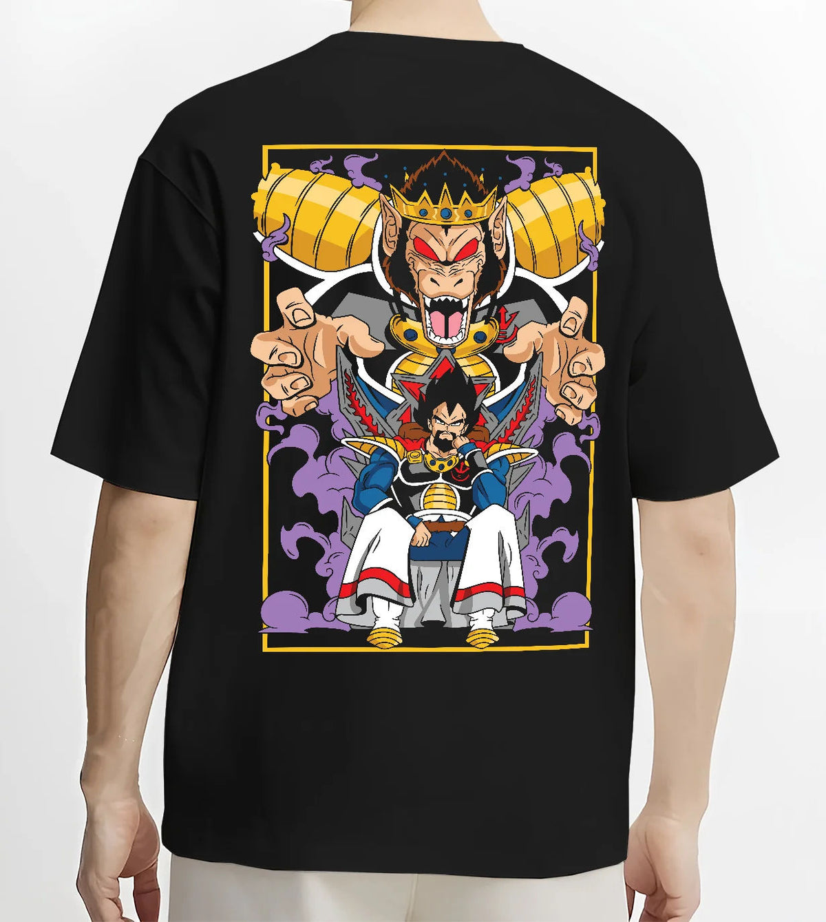 Black T-shirt model back view with Vegeta and Saiyan royalty / Great Ape motif from Dragon Ball illustrated back graphic