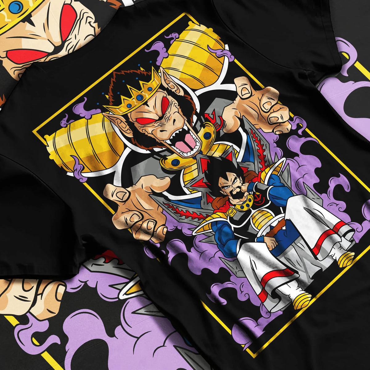 Black T-shirt flat back view with Vegeta and Saiyan royalty / Great Ape motif from Dragon Ball illustrated back graphic
