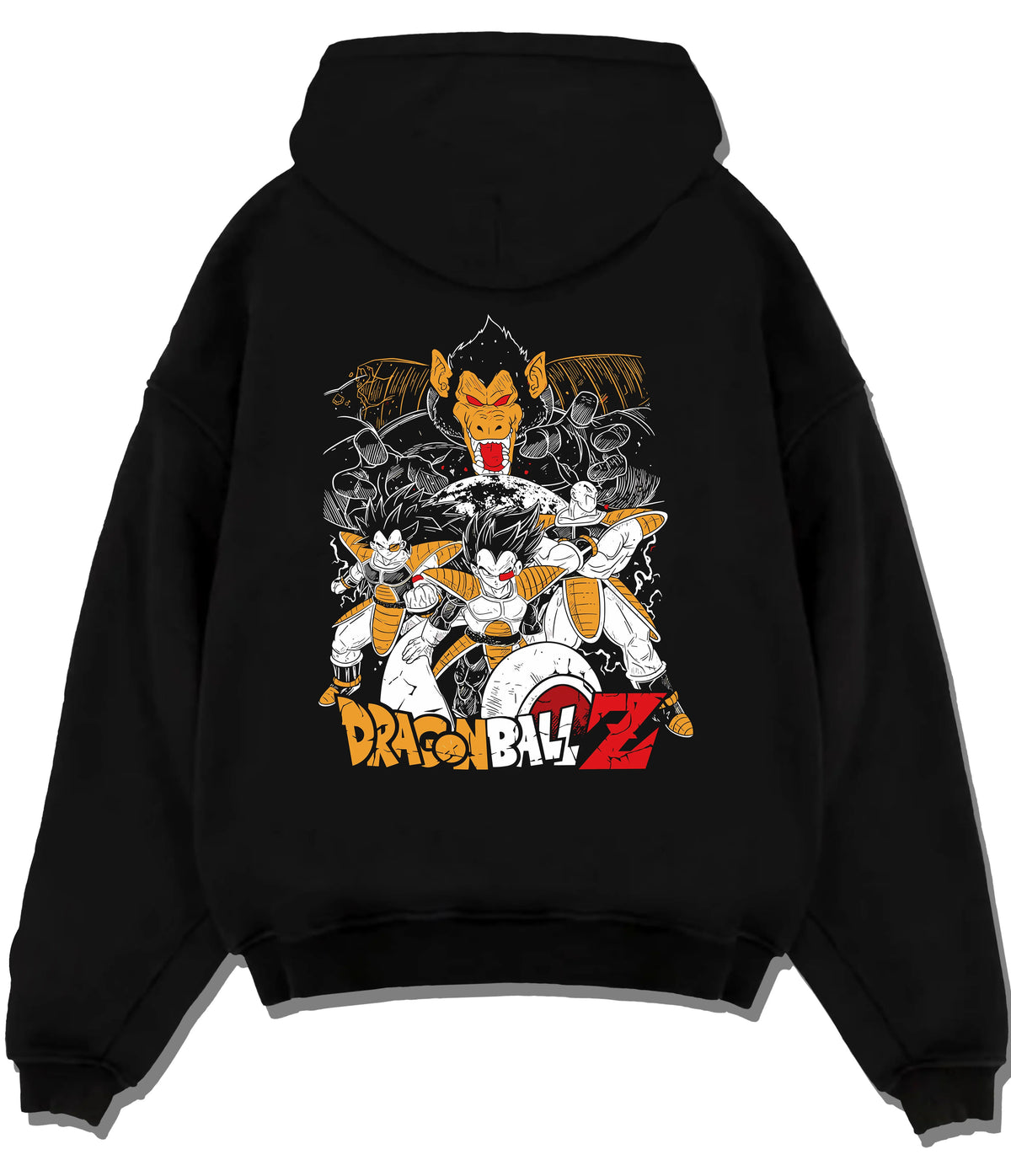 Black hoodie flat back view showing Vegeta from Dragon Ball: Saiyan forms and warriors collage