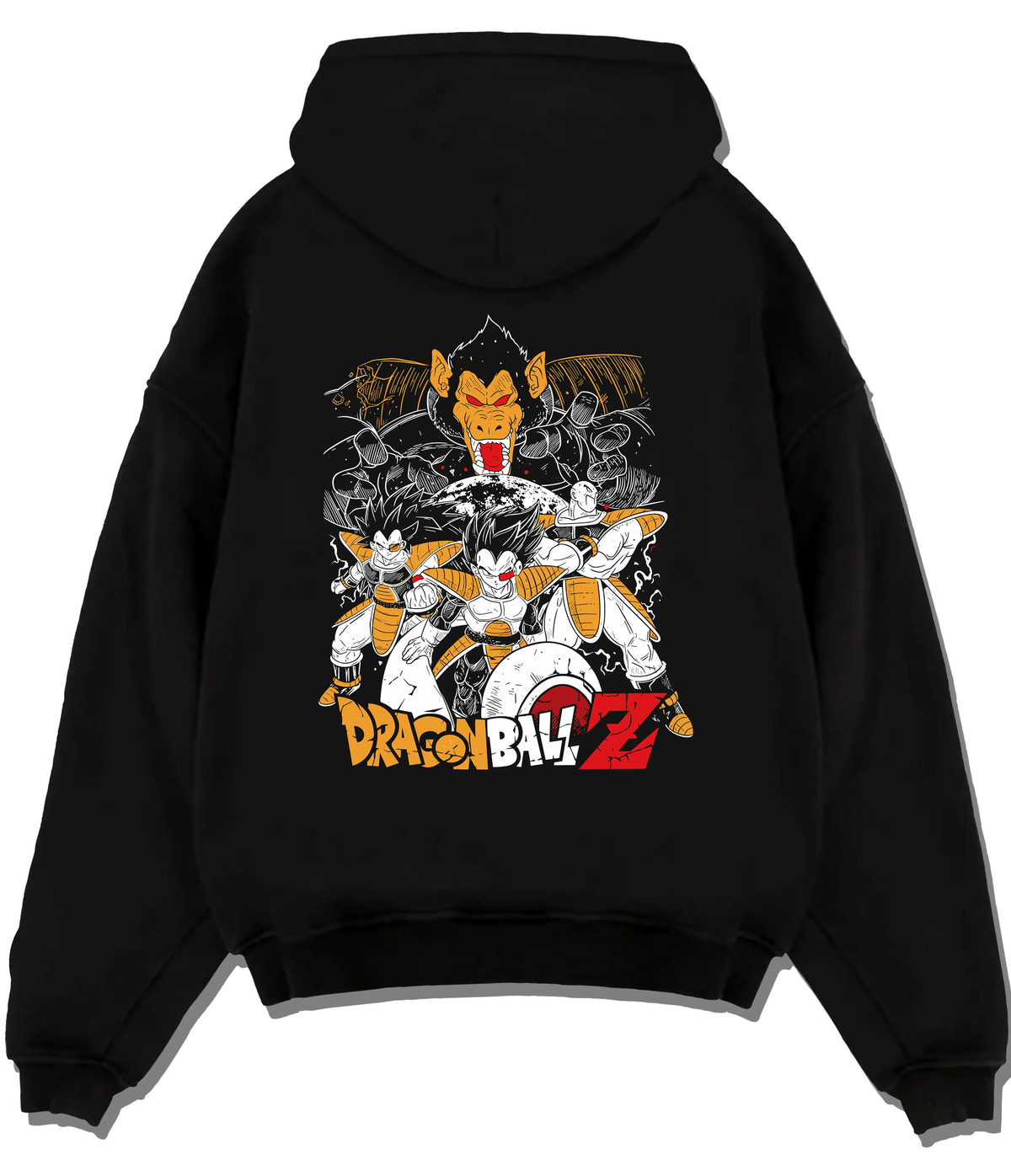 Black hoodie flat back view showing Vegeta from Dragon Ball: Saiyan forms and warriors collage