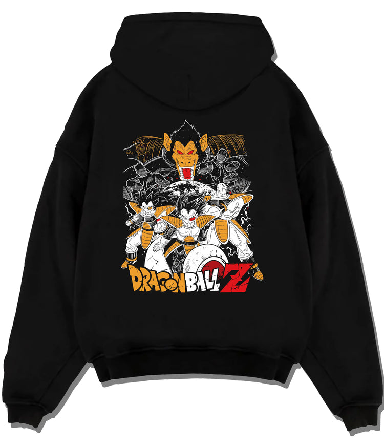 Black hoodie flat back view showing Vegeta from Dragon Ball: Saiyan forms and warriors collage