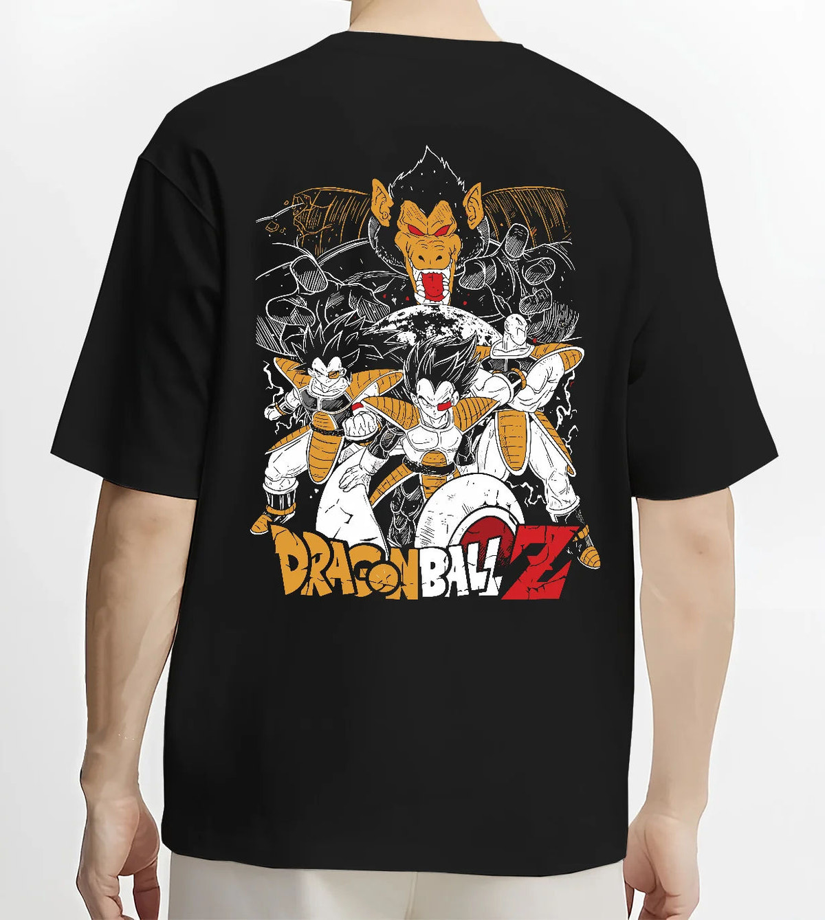 Black T-shirt model back view showing Vegeta from Dragon Ball: Saiyan forms and warriors collage