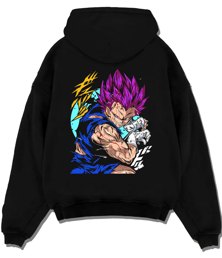 Black hoodie flat back view showing Vegeta from Dragon Ball: Ultra Ego purple-haired power pose
