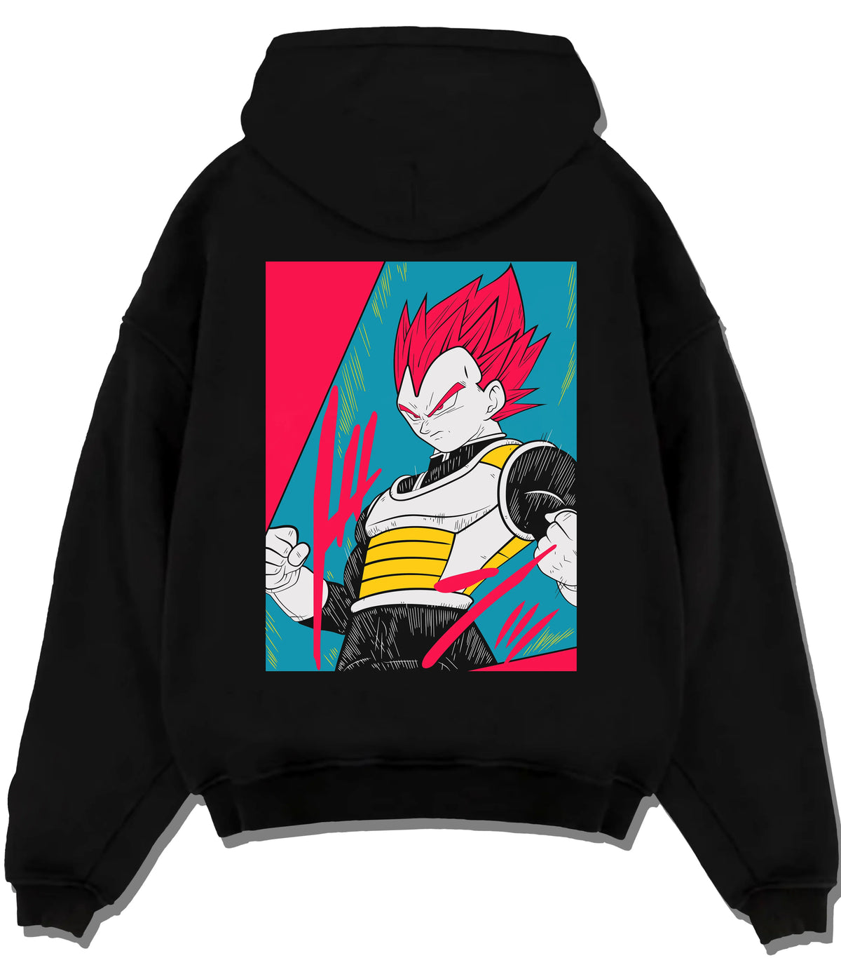 Black hoodie flat back view showing Vegeta from Dragon Ball: red-haired Super Saiyan God form