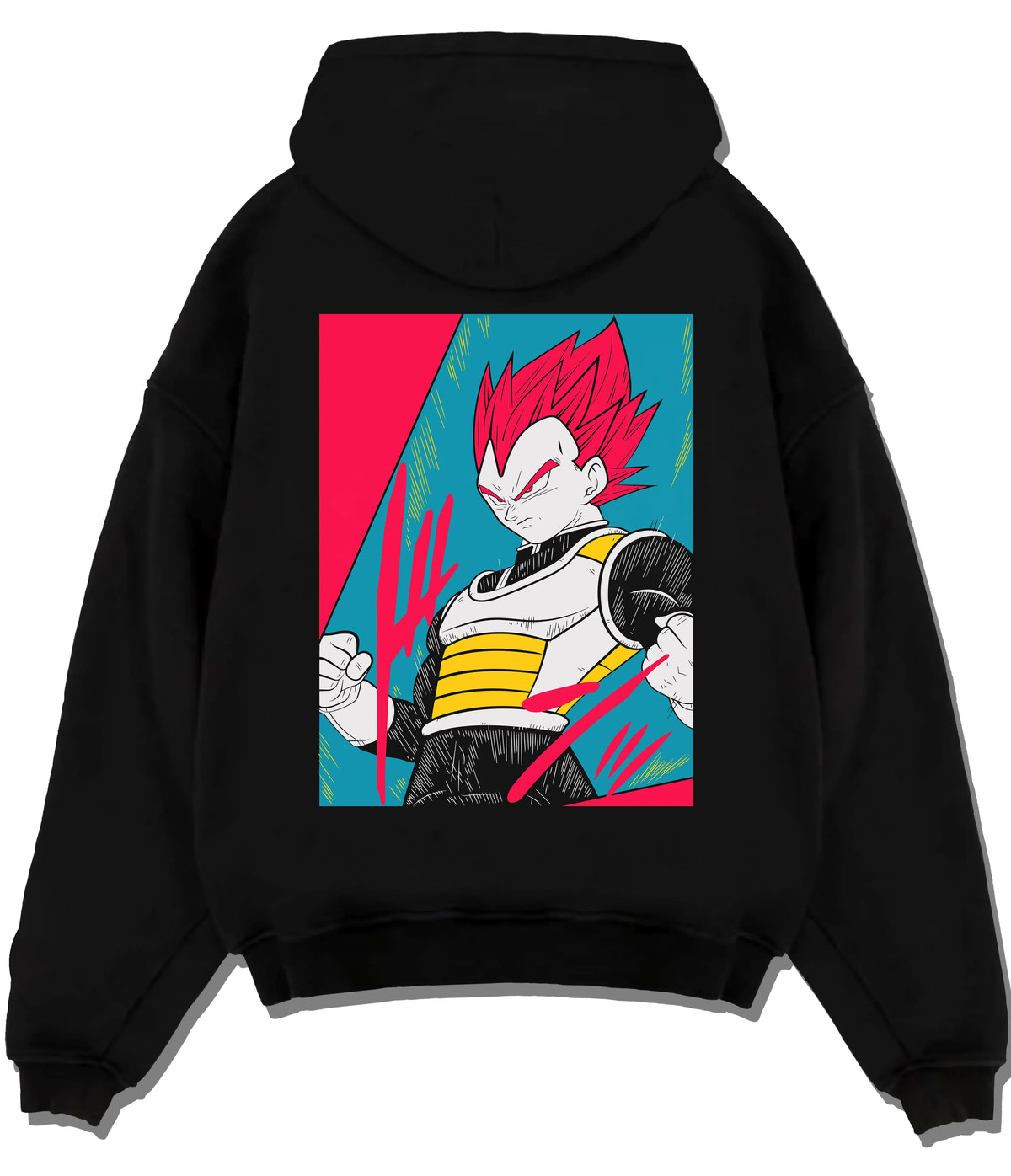 Black hoodie flat back view showing Vegeta from Dragon Ball: red-haired Super Saiyan God form