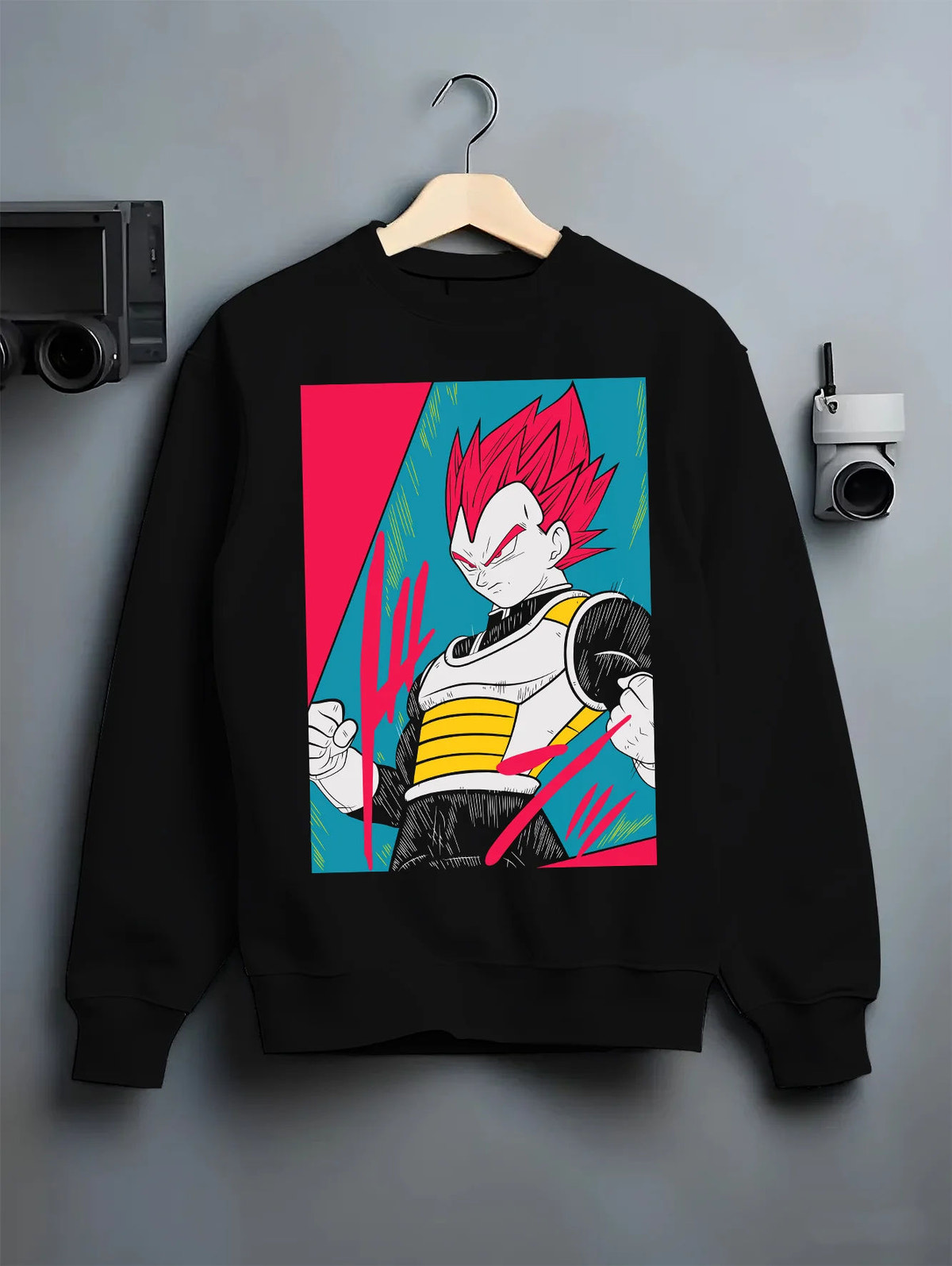Black crewneck sweatshirt on hanger showing Vegeta from Dragon Ball: red-haired Super Saiyan God form