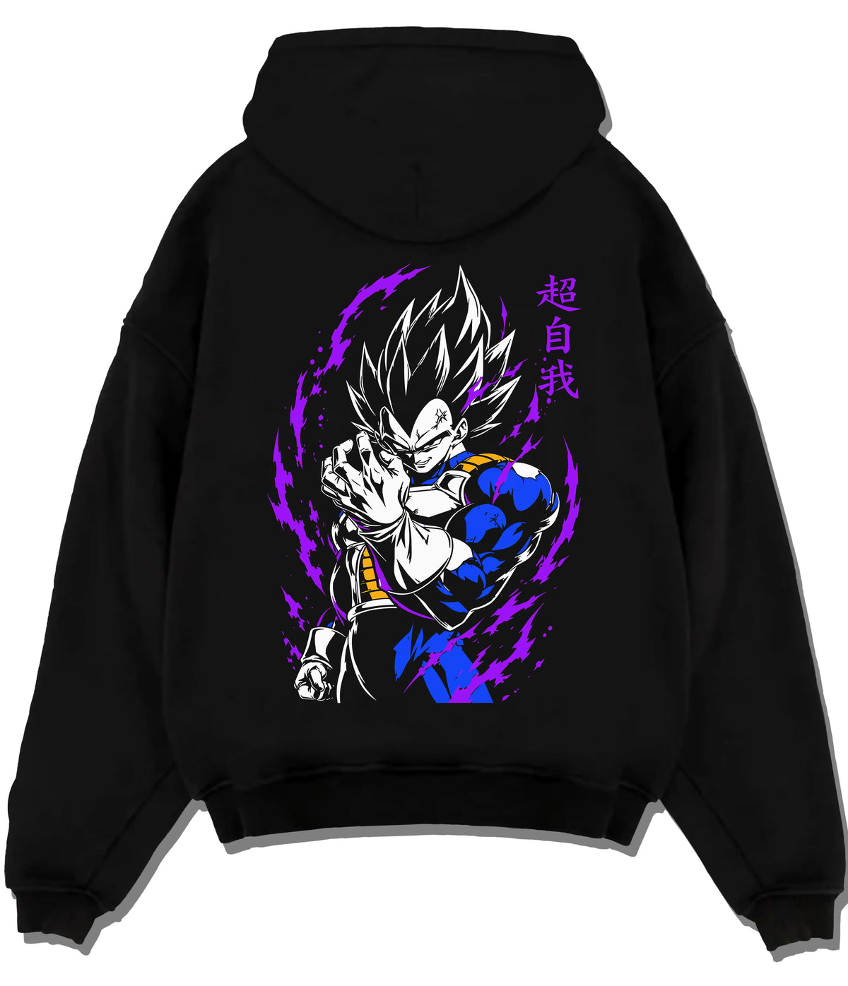 Black hoodie flat back view showing Vegeta from Dragon Ball: dark blue and purple power aura