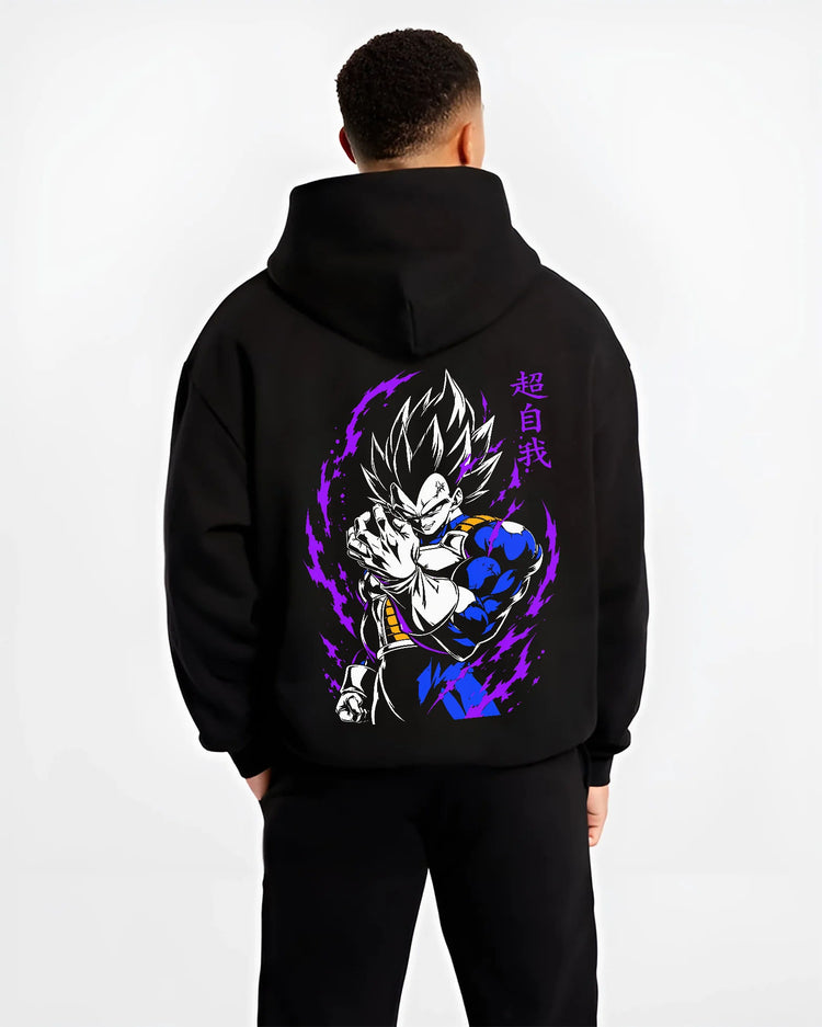 Black hoodie model back view showing Vegeta from Dragon Ball: dark blue and purple power aura