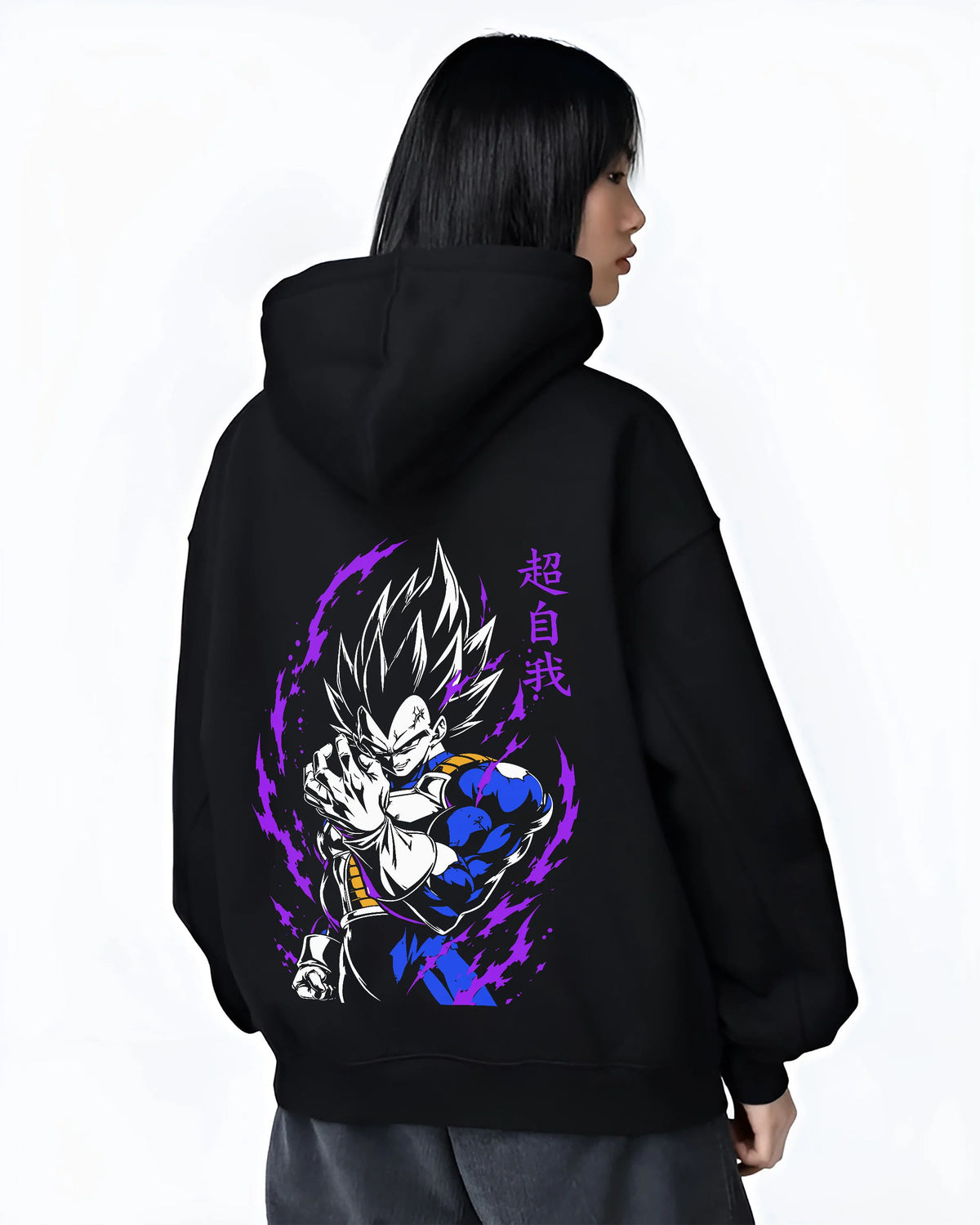 Black hoodie female model back view showing Vegeta from Dragon Ball: dark blue and purple power aura