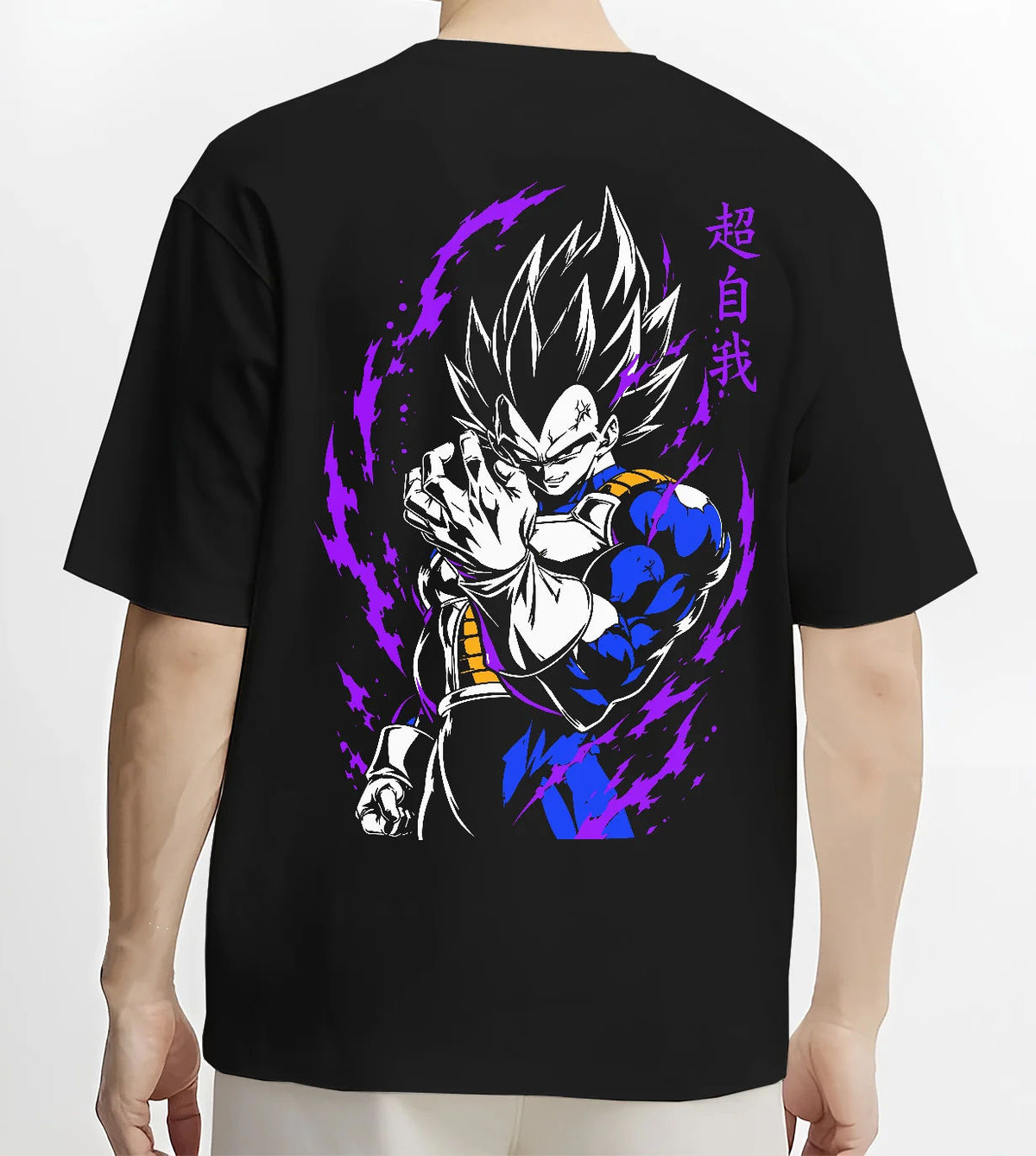 Black T-shirt model back view showing Vegeta from Dragon Ball: dark blue and purple power aura