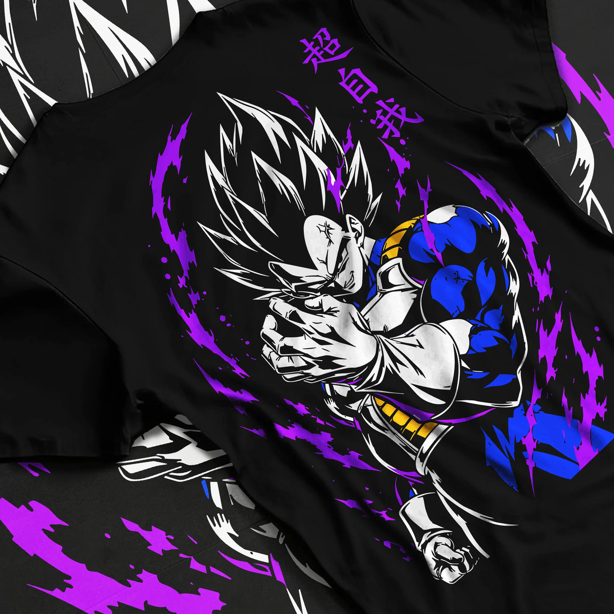Black T-shirt flat back view showing Vegeta from Dragon Ball: dark blue and purple power aura