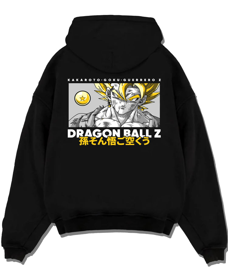 Black pullover hoodie laid flat with Goku Vegeta Hoodie Dragon Ball Z Super Fusion Form graphic premium wear.