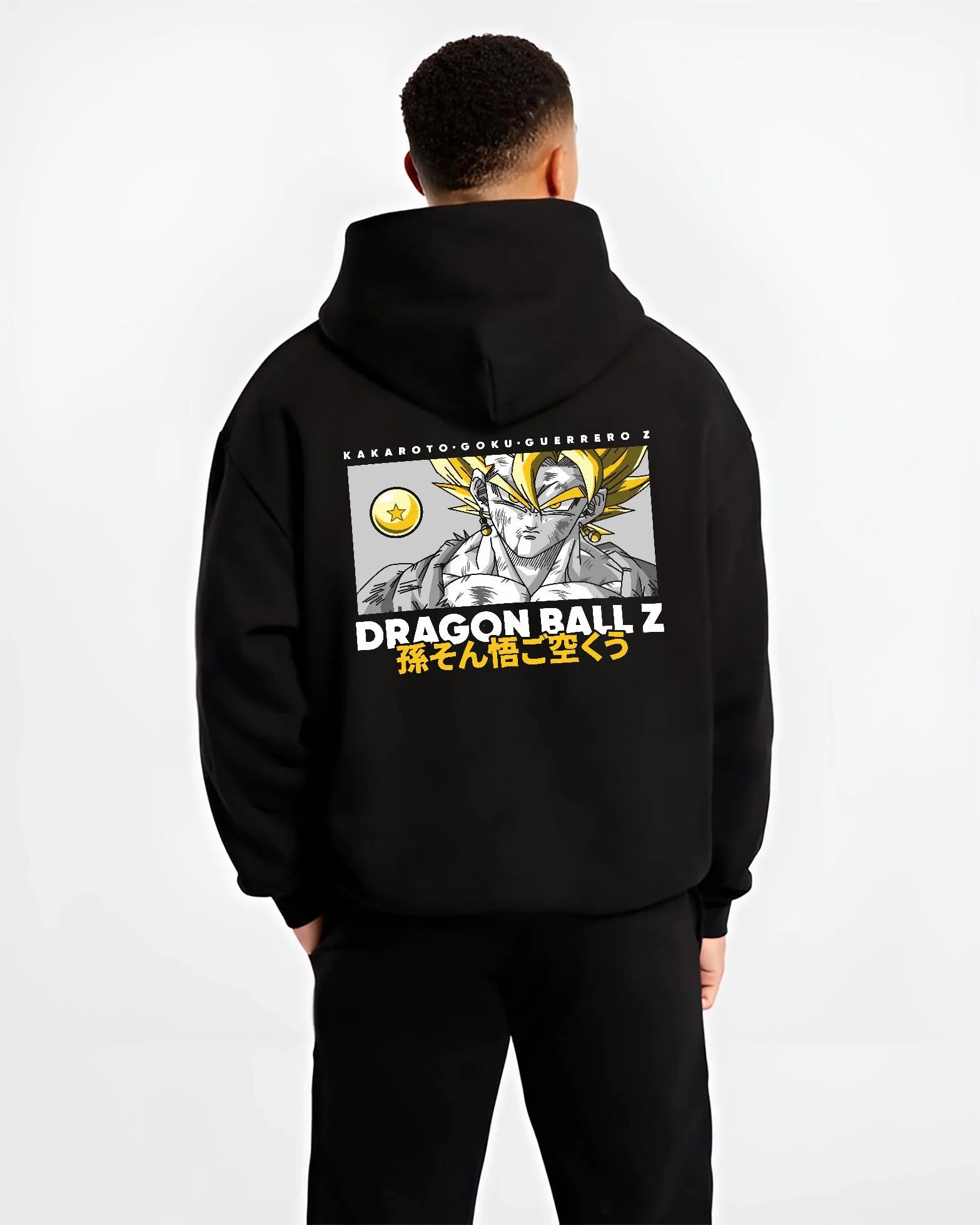 Black hoodie worn by male model, back view with Goku Vegeta Hoodie Dragon Ball Z Super Fusion Form graphic bold anime graphic.