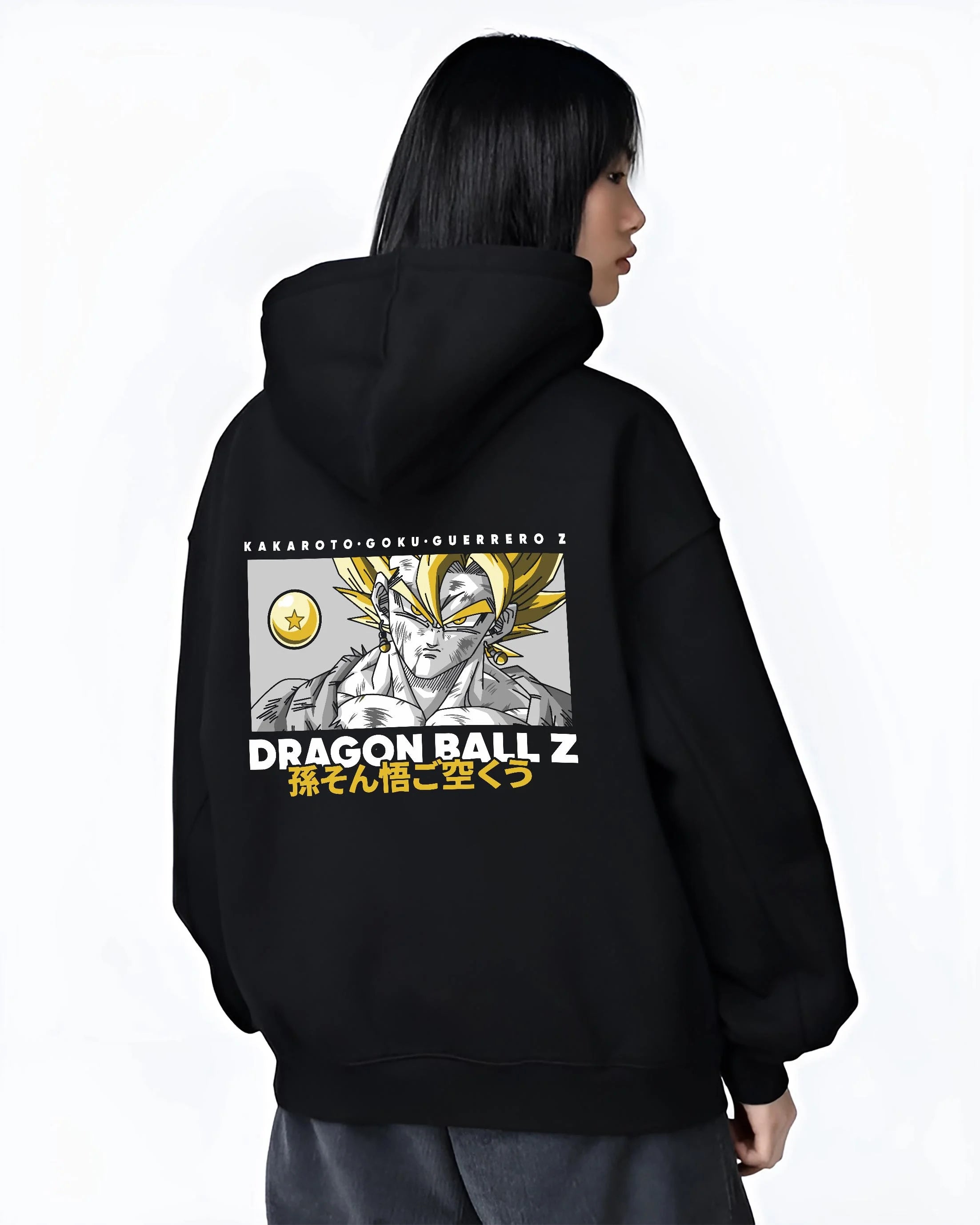 Black hoodie worn by female model, back view with Goku Vegeta Hoodie Dragon Ball Z Super Fusion Form graphic streetwear graphic.