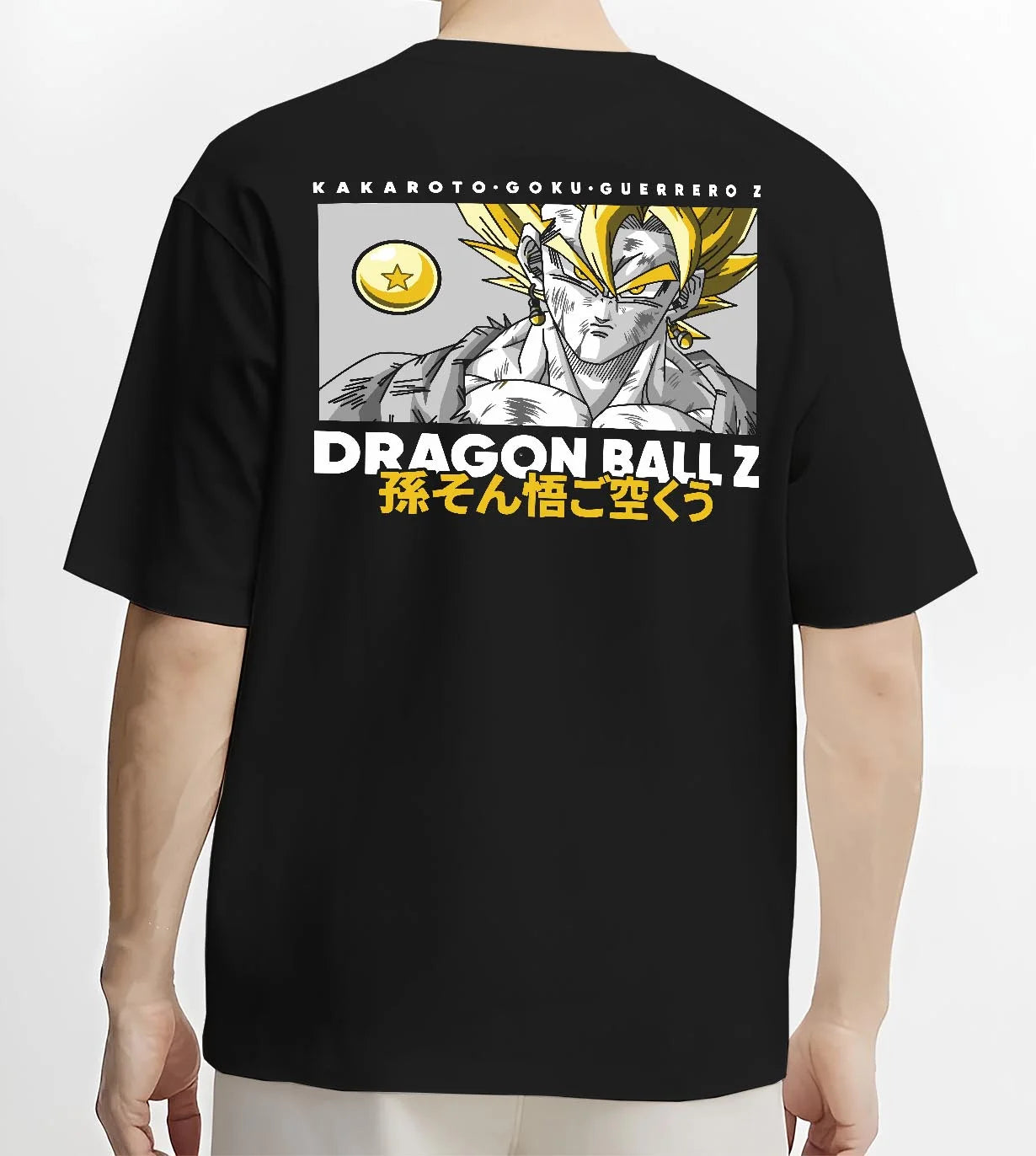Black T-shirt worn by male model, back view with Goku Vegeta Hoodie Dragon Ball Z Super Fusion Form graphic bold anime graphic.