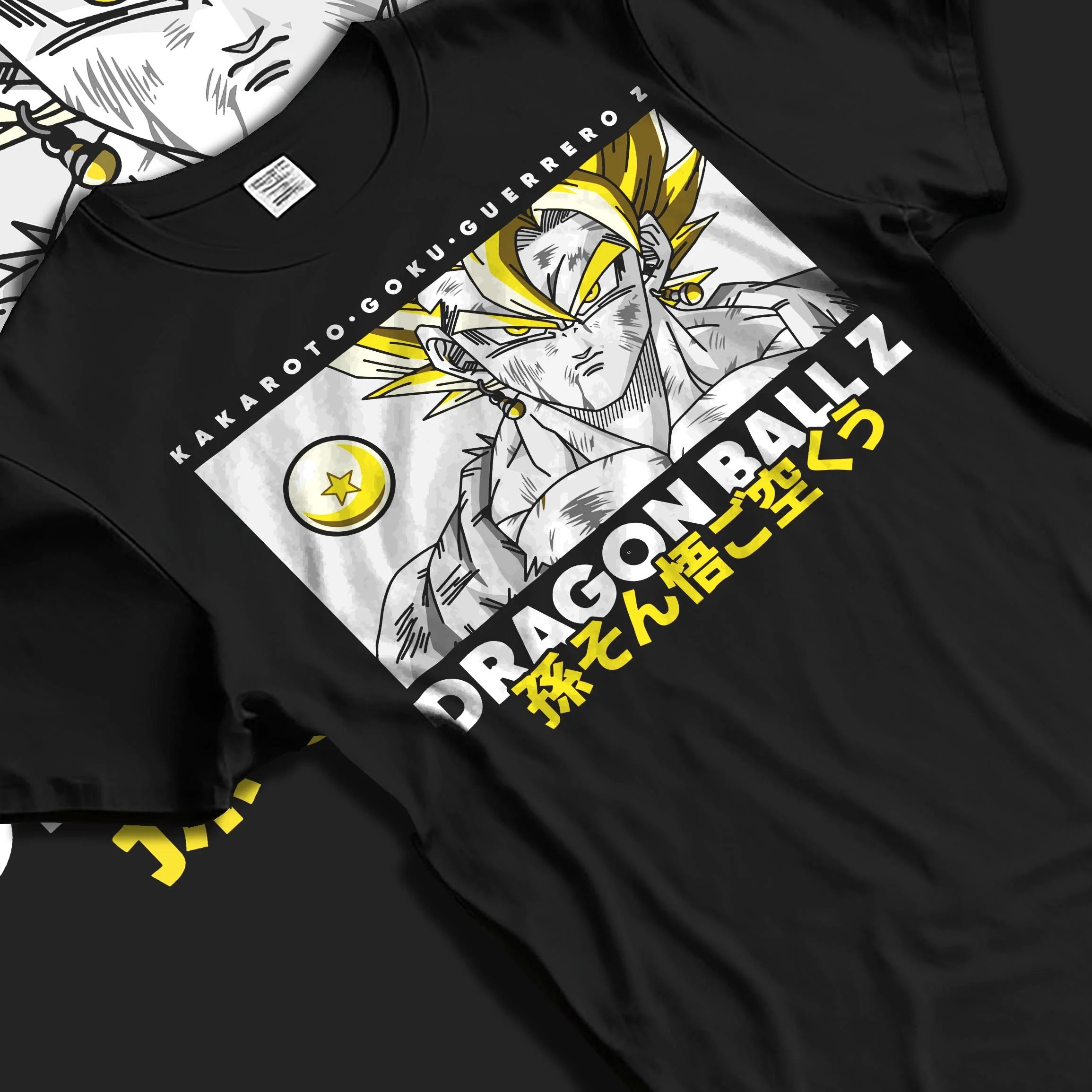 Black T-shirt laid flat with natural folds with Goku Vegeta Hoodie Dragon Ball Z Super Fusion Form graphic bold anime graphic.