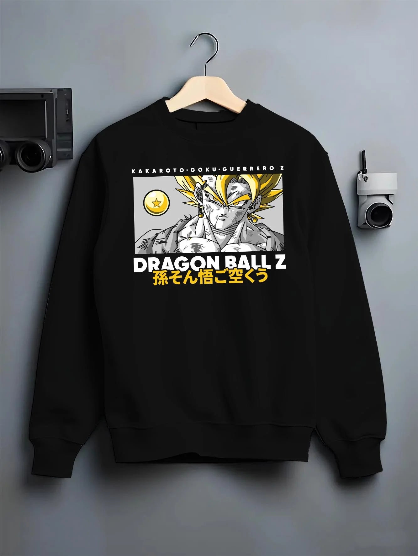 Black crewneck sweatshirt on hanger with Goku Vegeta Hoodie Dragon Ball Z Super Fusion Form graphic premium wear.