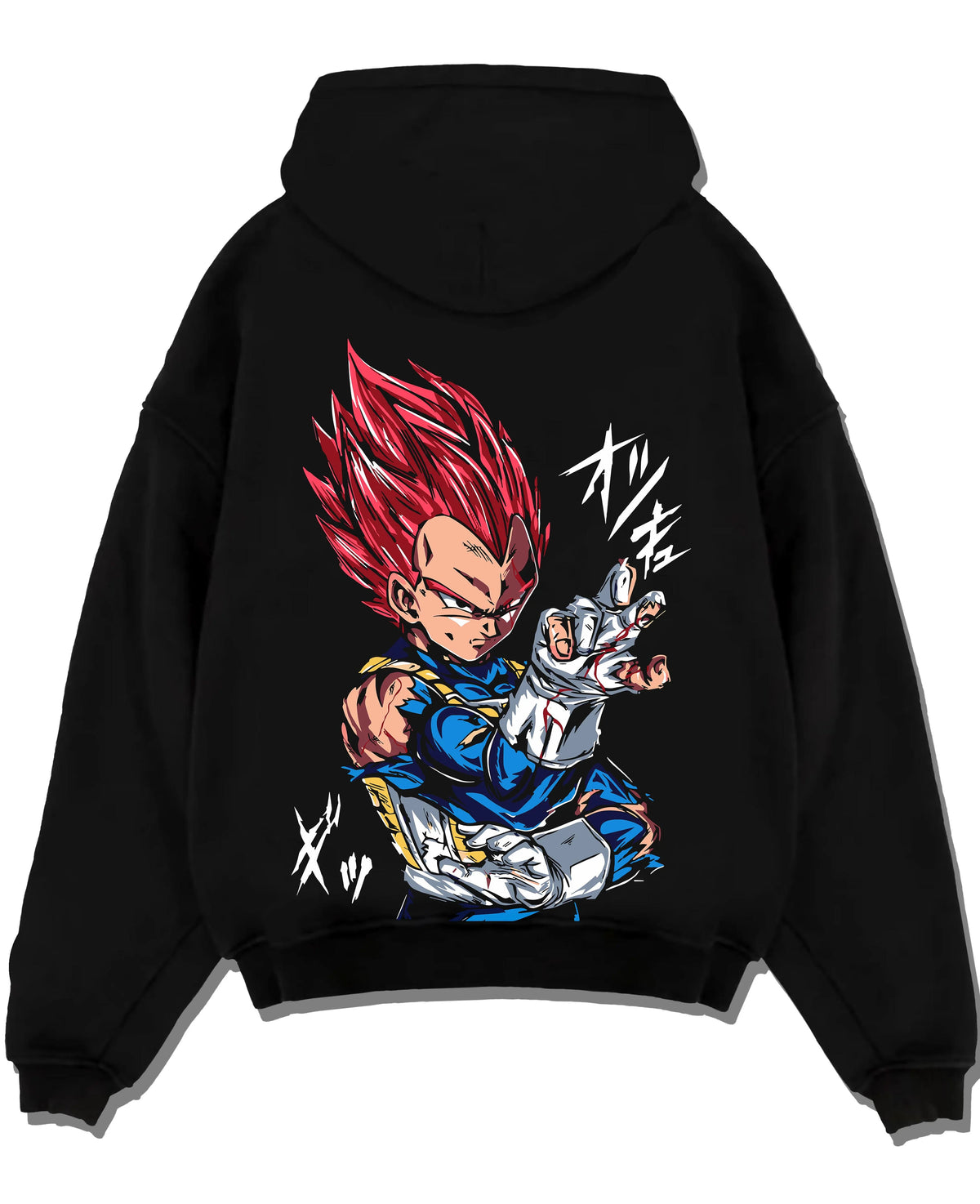 Black hoodie laid flat featuring Vegeta Super Saiyan God red aura Dragon Ball Super artwork.
