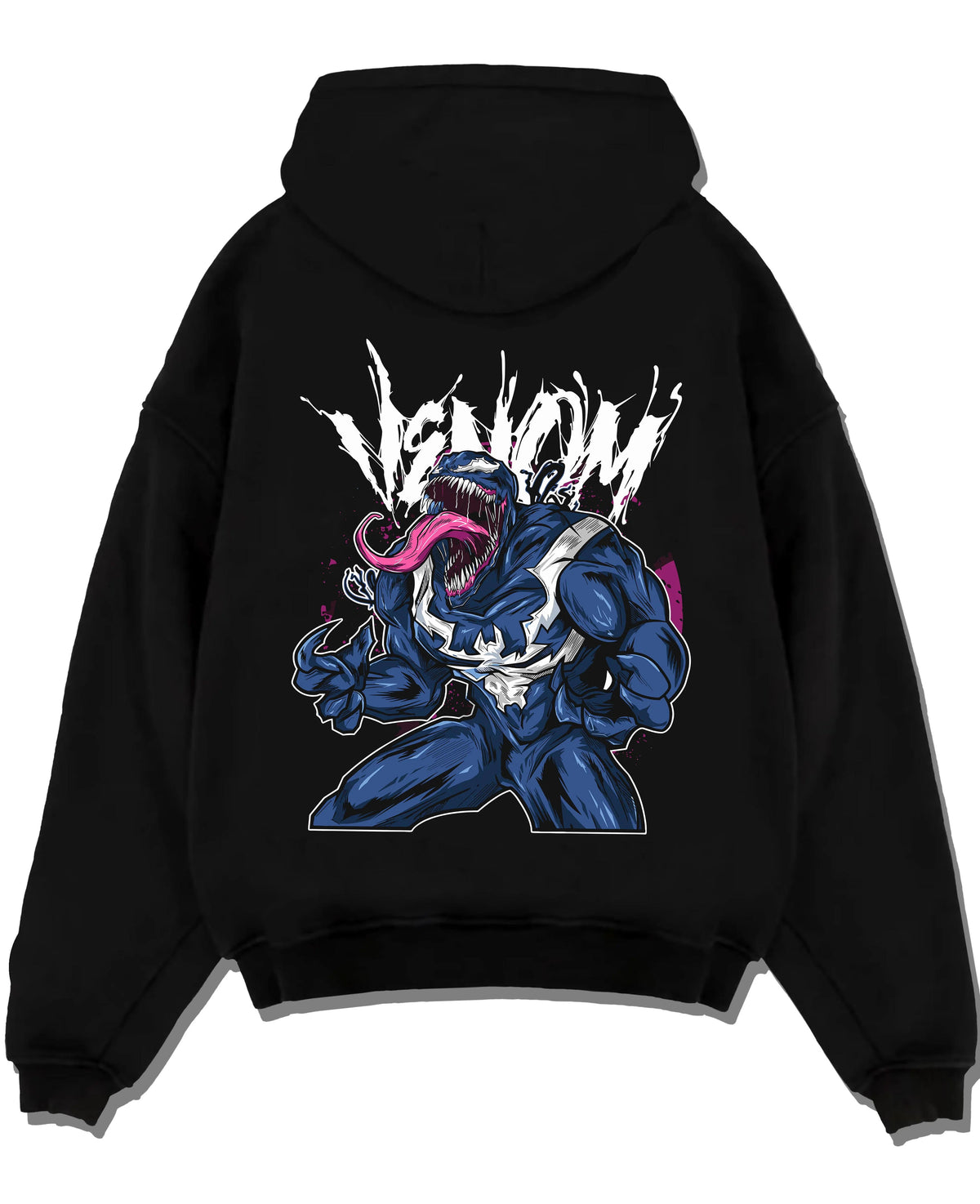 Black hoodie laid flat featuring Venom black symbiote Lethal Protector Marvel artwork.