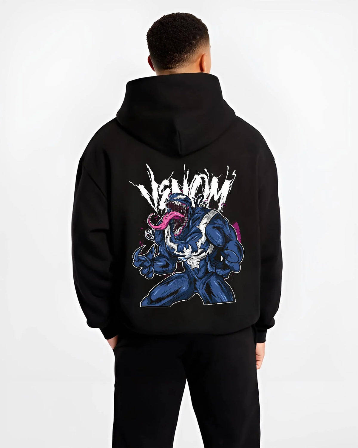 Black hoodie worn by male model from the back featuring Venom black symbiote Lethal Protector Marvel artwork.