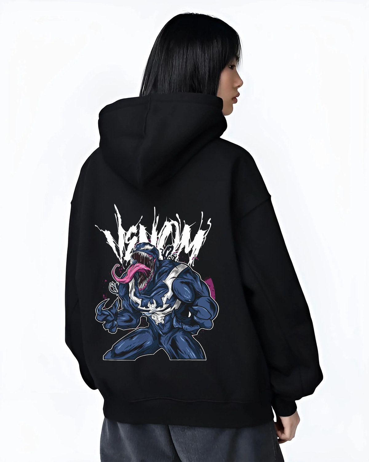 Black hoodie worn by female model from the back featuring Venom black symbiote Lethal Protector Marvel artwork.