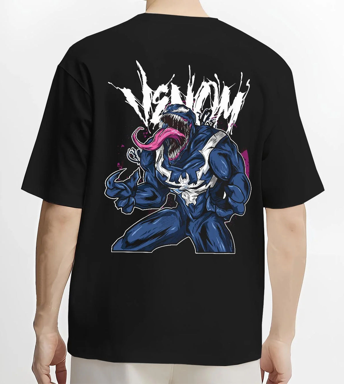 Black T-shirt worn by male model from the back featuring Venom black symbiote Lethal Protector Marvel artwork.