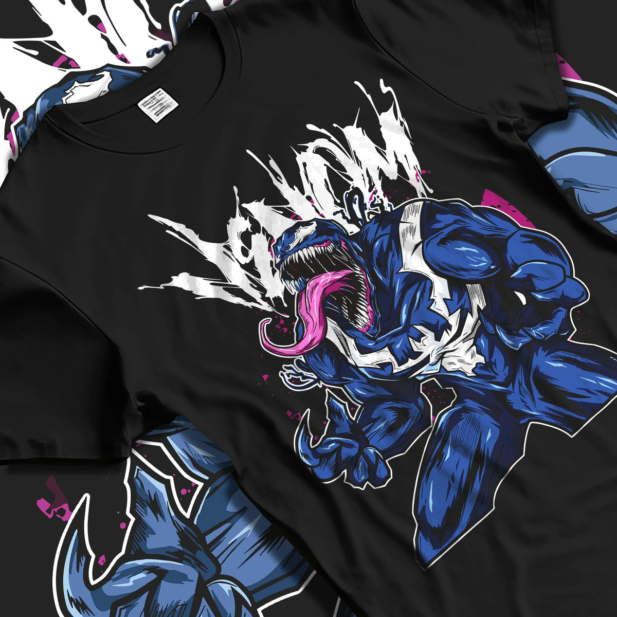 Black T-shirt laid flat with natural folds featuring Venom black symbiote Lethal Protector Marvel artwork.