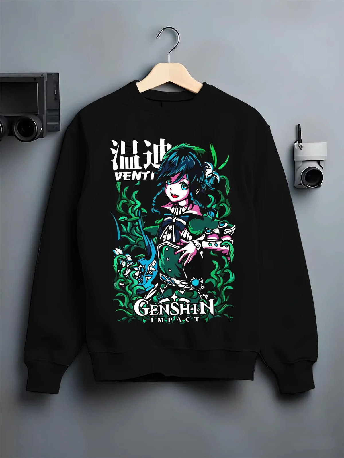 Black crewneck sweatshirt on hanger featuring Venti Anemo Archon wind power Genshin Impact artwork.